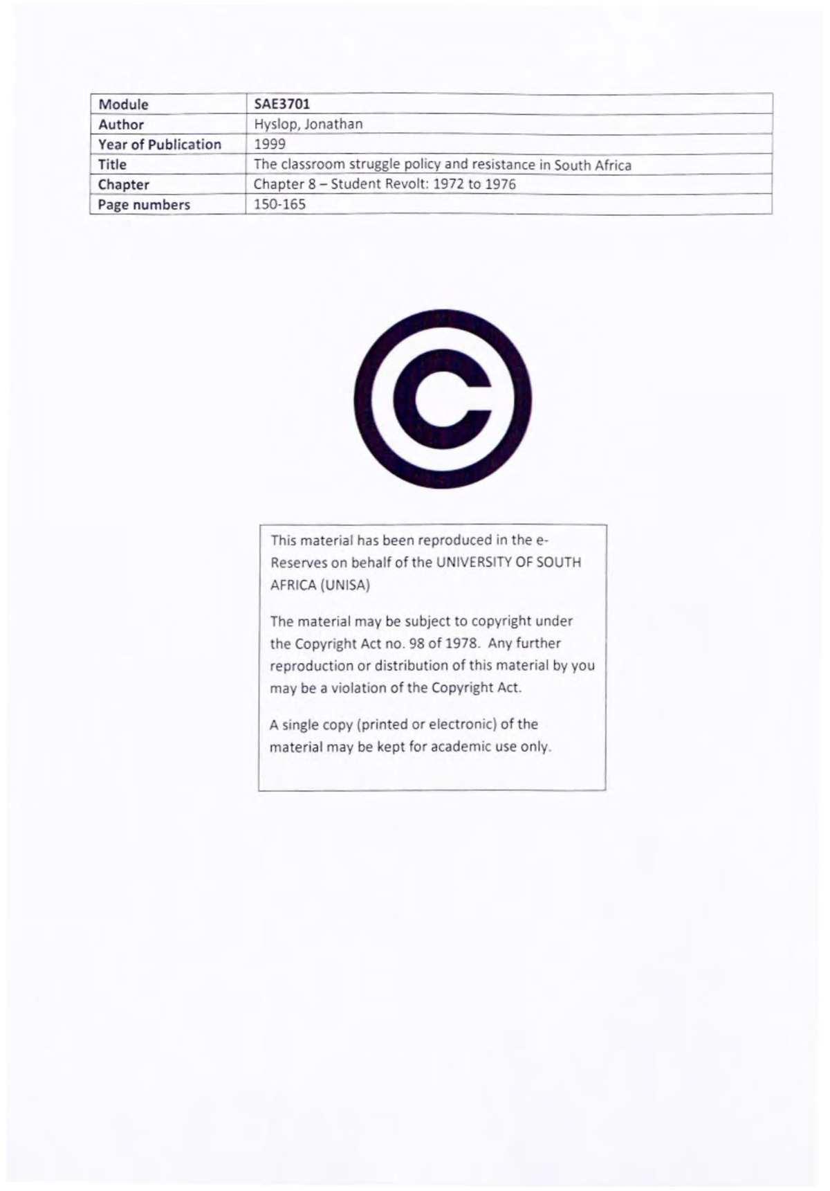 SAE3701 5 - ####### Module ####### Author ####### Year of Publication ...