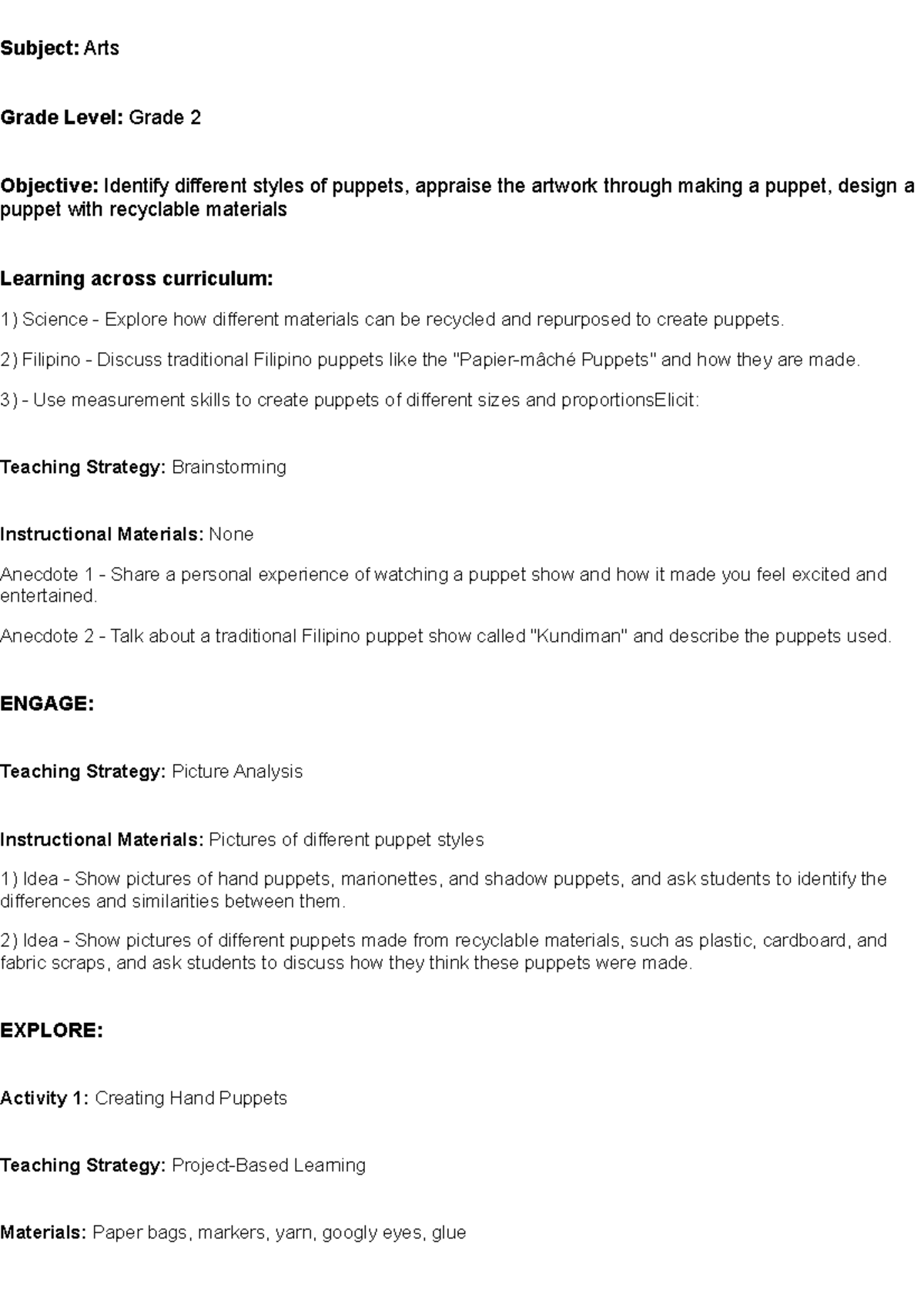 Lesson plan Subject Arts Grade Level Grade 2 Objective Identify