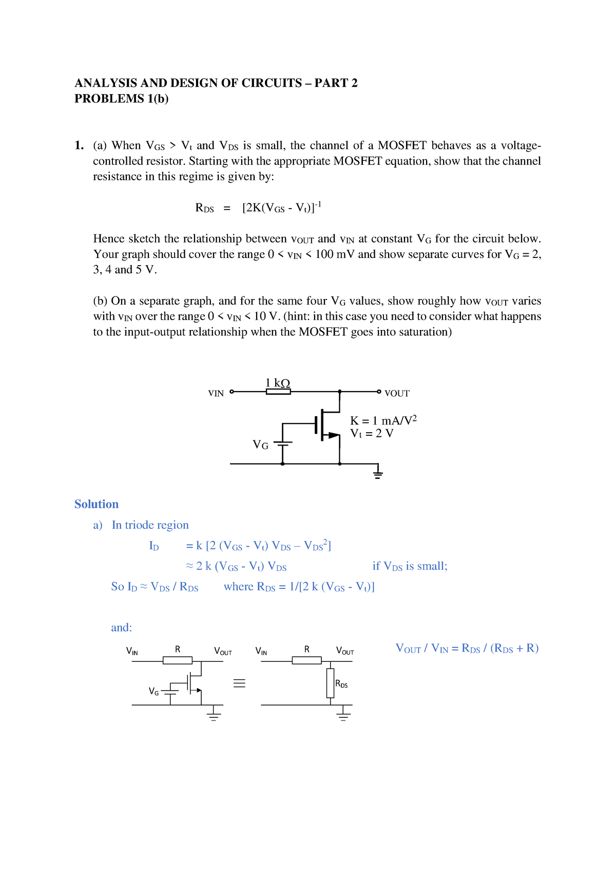 Problem Sheet 1b With Answers - ANALYSIS AND DESIGN OF CIRCUITS – PART ...