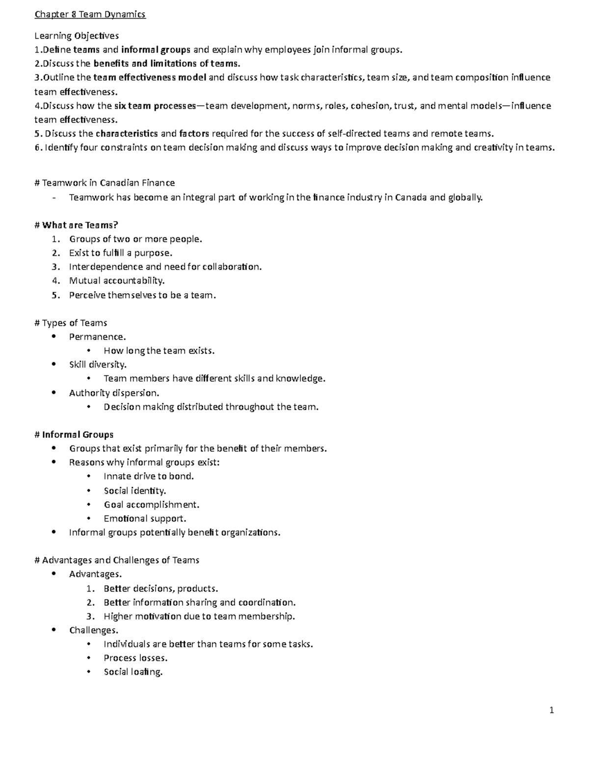 Chapter 8 Team Dynamics Chapter 8 Team Dynamics Learning Objectives 1