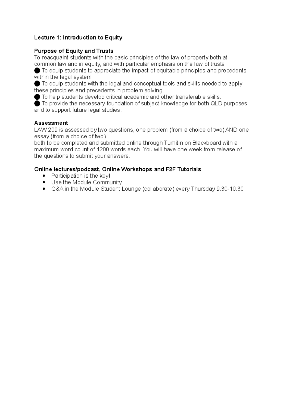 Equity Lecture 1 Notes - Lecture 1: Introduction to Equity Purpose of ...