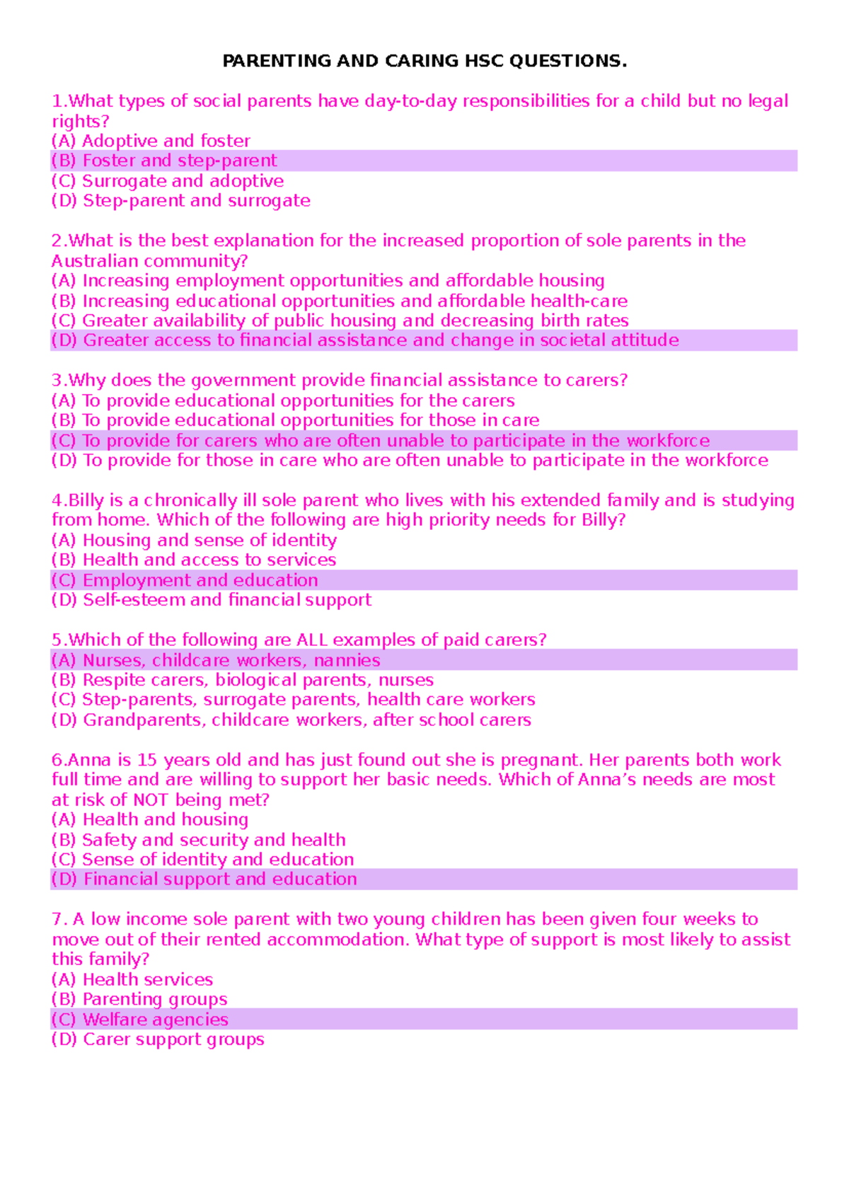 Parenting AND Caring HSC Questions - PARENTING AND CARING HSC QUESTIONS ...