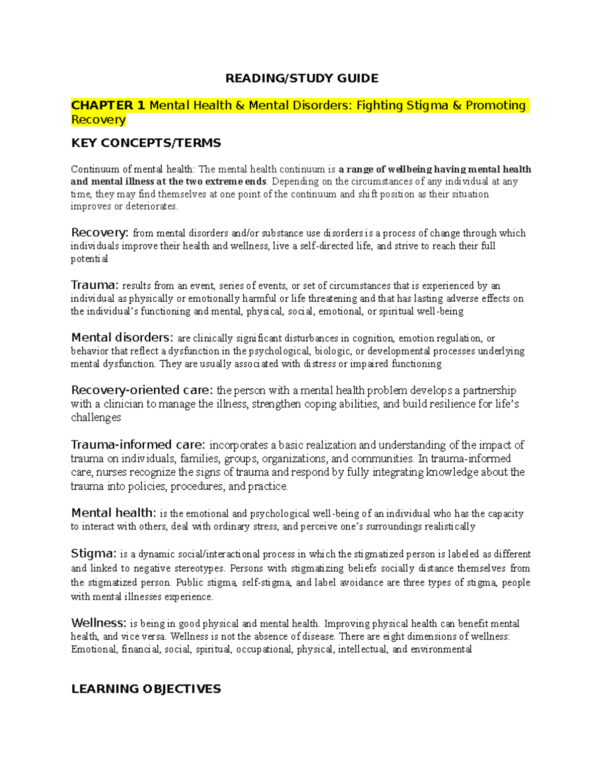 Week 1 Study Guide Fall 2021 Beginning Chapters - NURS 465 - Widener ...