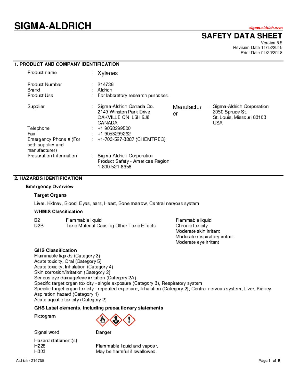 SDS xylenes (Aldrich) W18 SIGMAALDRICH sigmaaldrich SAFETY DATA
