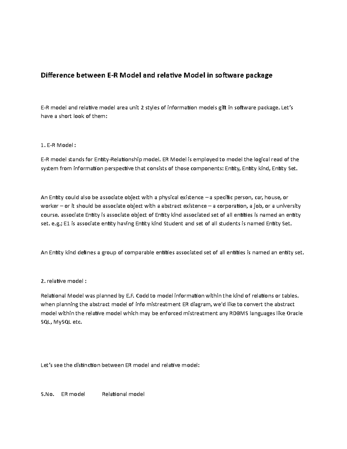 Difference between E-R Model and relative Model in software package ...