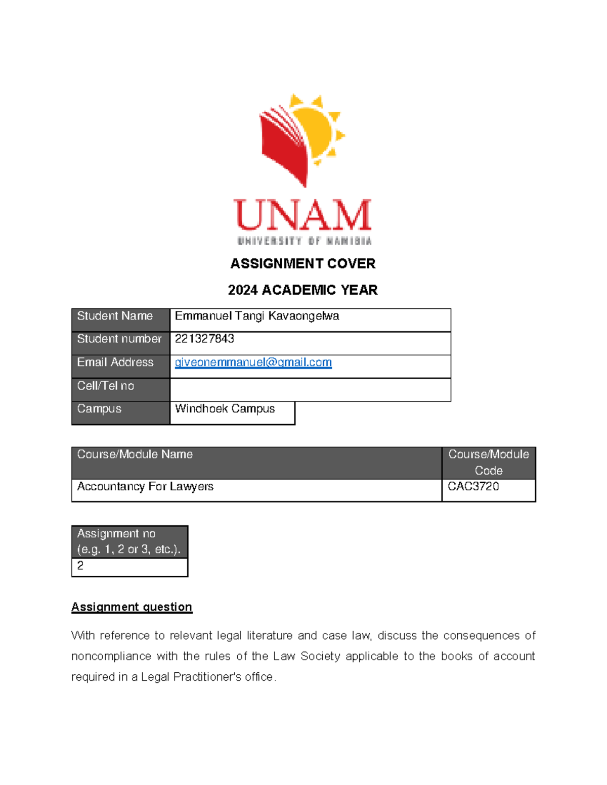 Assignment 2 Final - ASSIGNMENT COVER 2024 ACADEMIC YEAR Assignment no ...