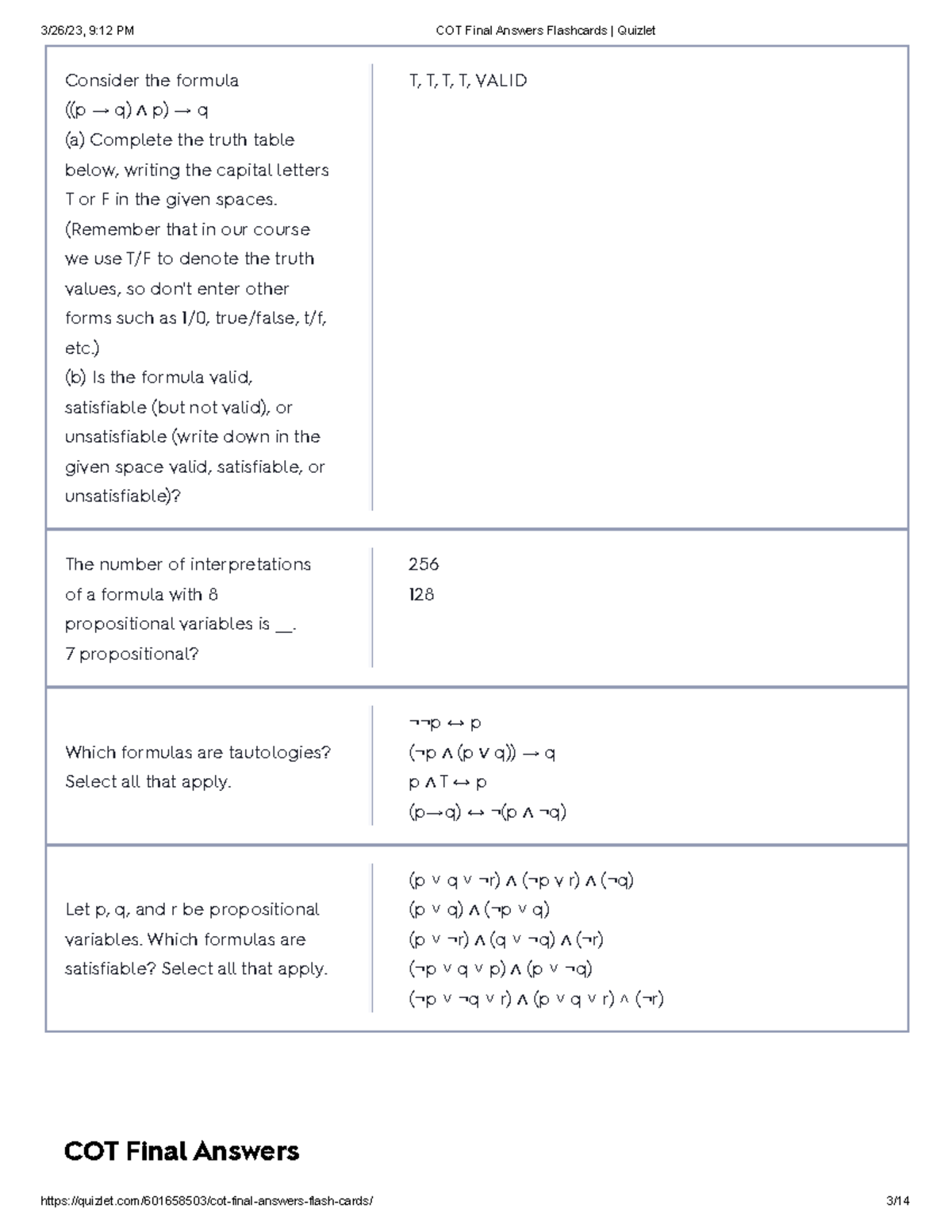 Practise 3 this is cot final answer 3/26/23, 912 PM COT Final Answers Flashcards Quizlet