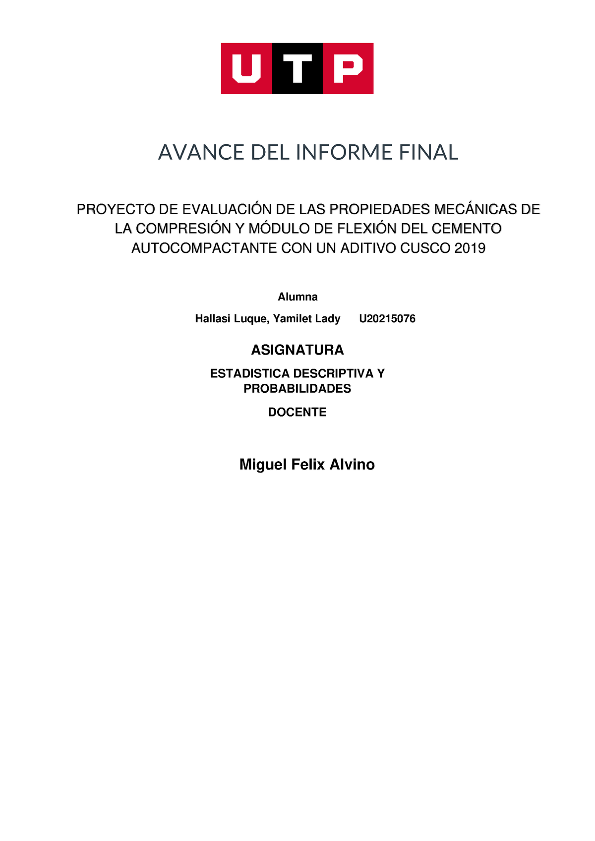 Avance Del Trabajo Final Avance Del Informe Final Alumna Hallasi Luque Yamilet Lady U 2238