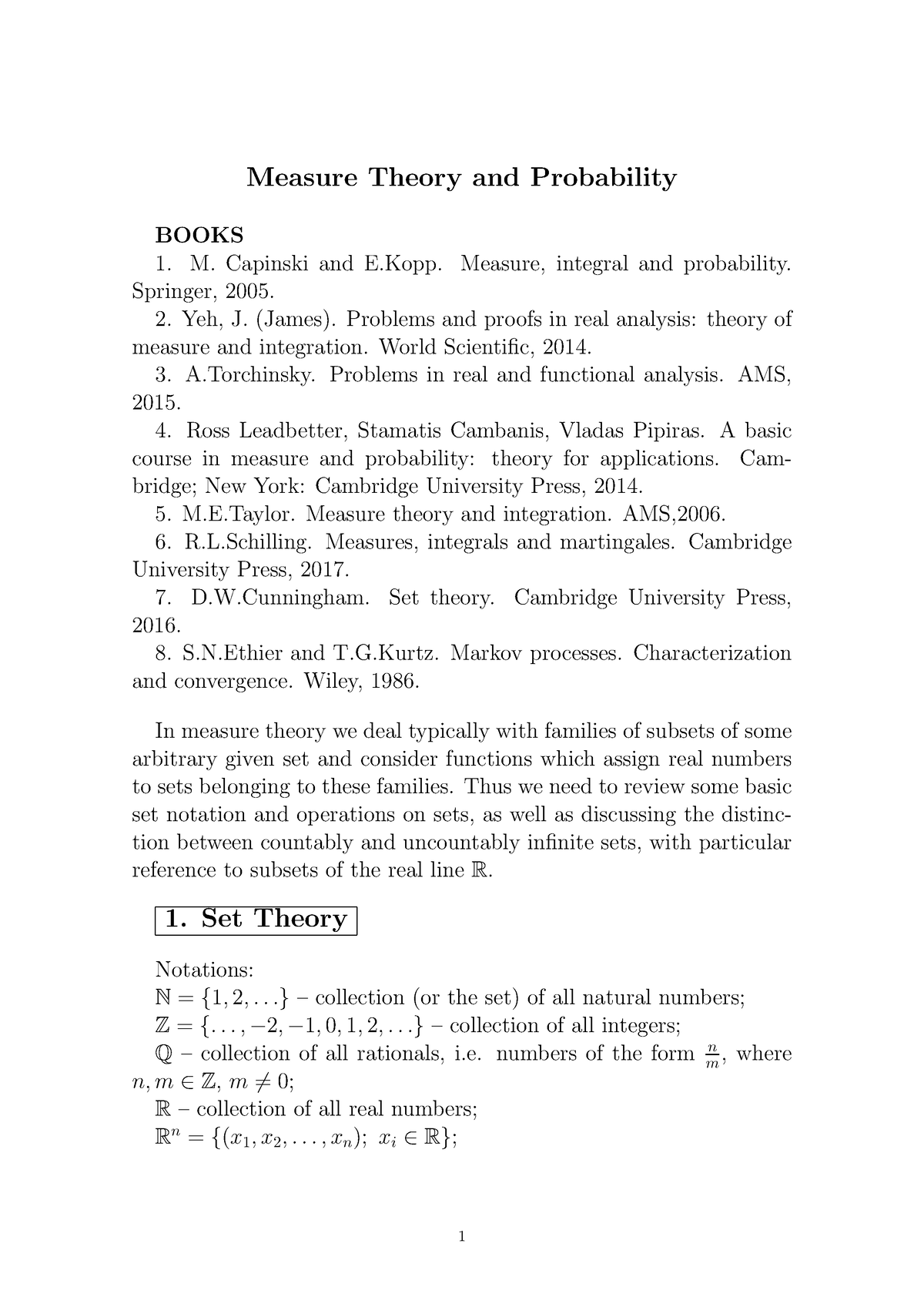 Lecture Notes Part 1 Measure Theory And Probability BOOKS M Capinski 