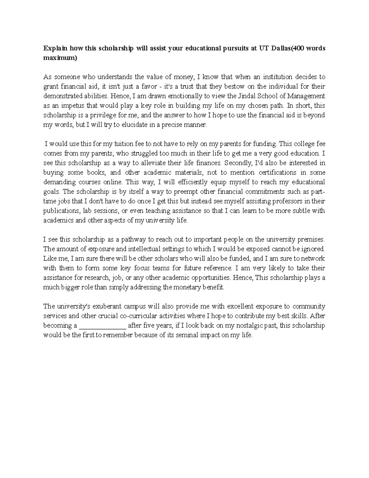 Sukesh Scholarship essay - Explain how this scholarship will assist ...