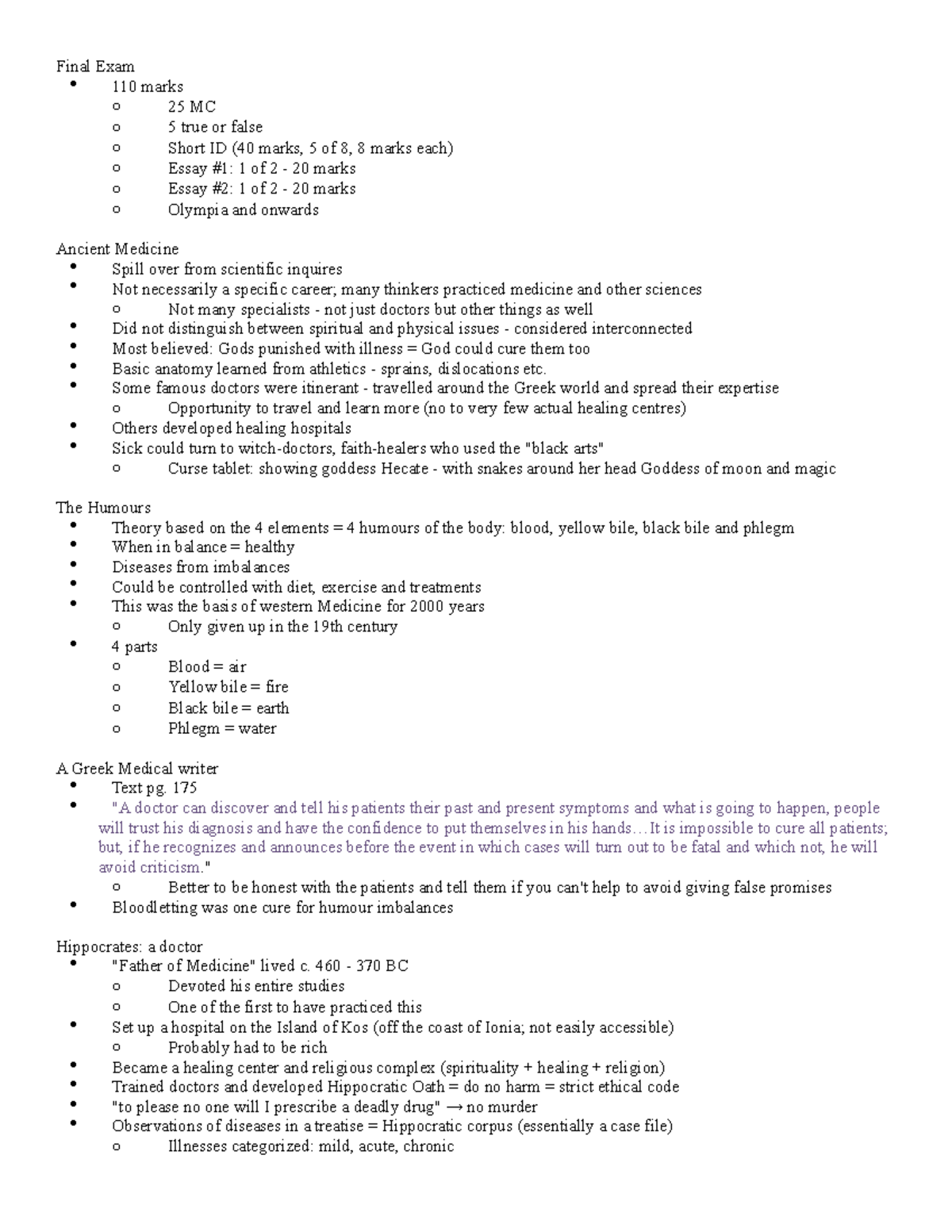 CLAS 1P91 - Lecture 12 - Final Exam 110 marks o 25 MC o 5 true or false ...