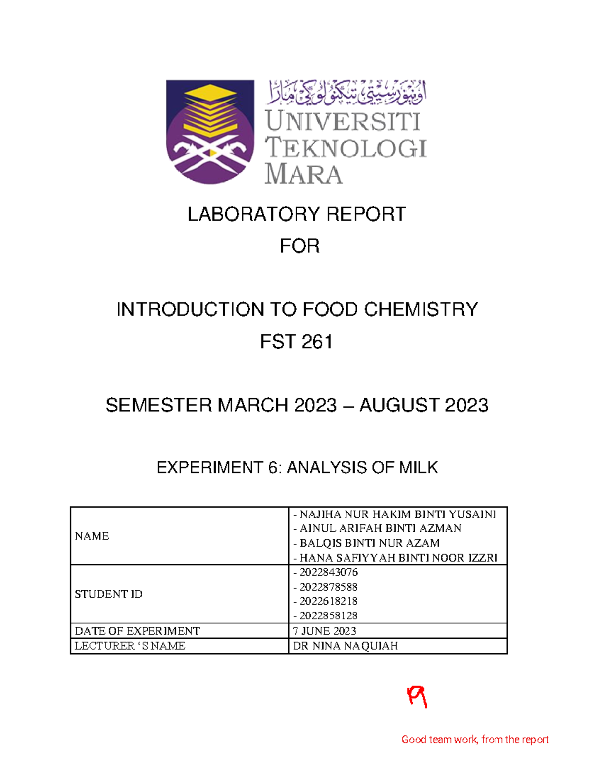 FST261-exp-6 - lab report - LABORATORY REPORT FOR INTRODUCTION TO FOOD ...