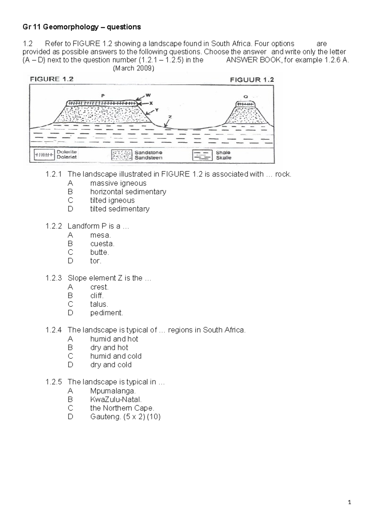 Gr 11 Gemo Questions - Gr 11 Geomorphology – Questions 1 Refer To 