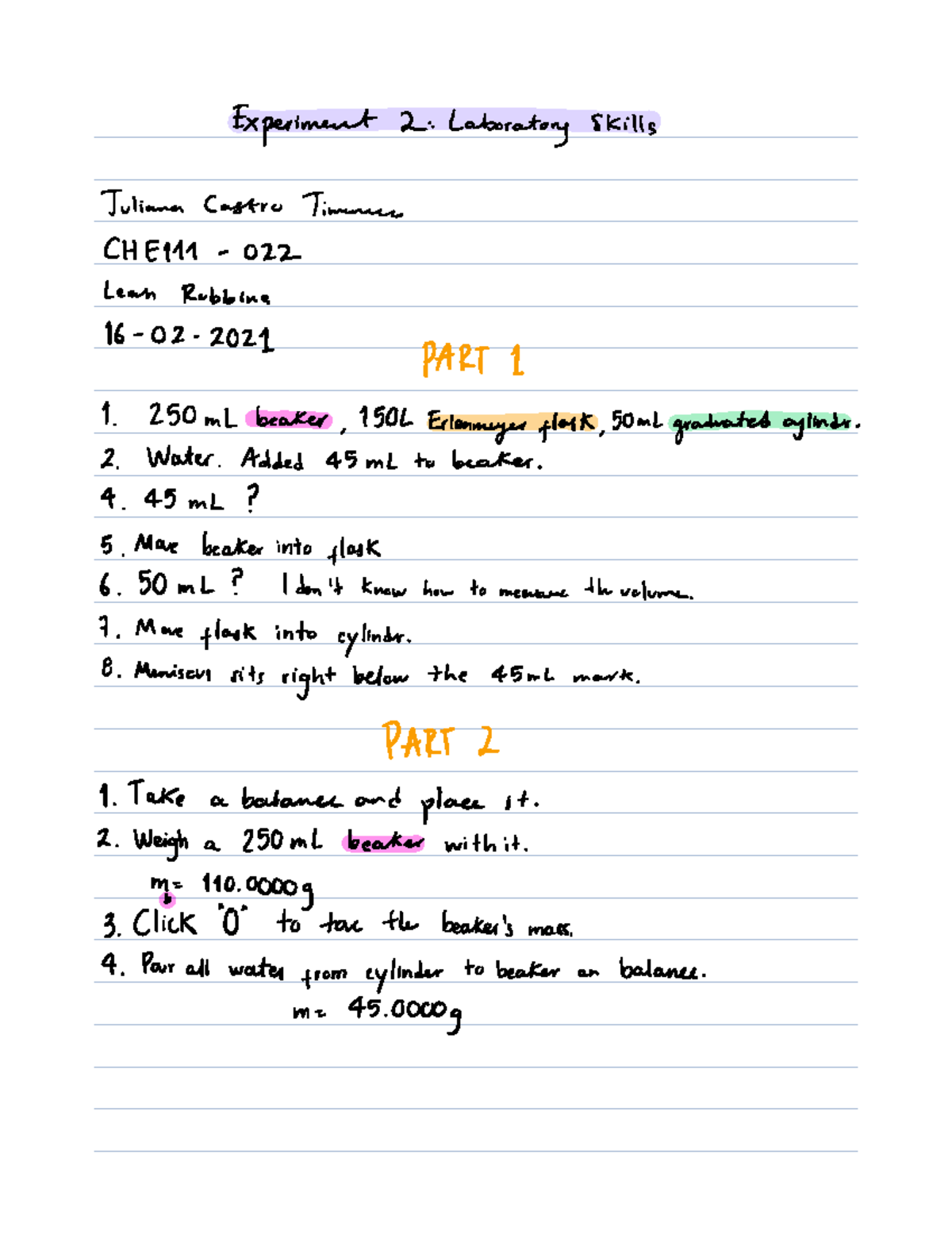 Lab Notebook - Experiment 2 Laboratory Skills Juliana Castro Timurree ...