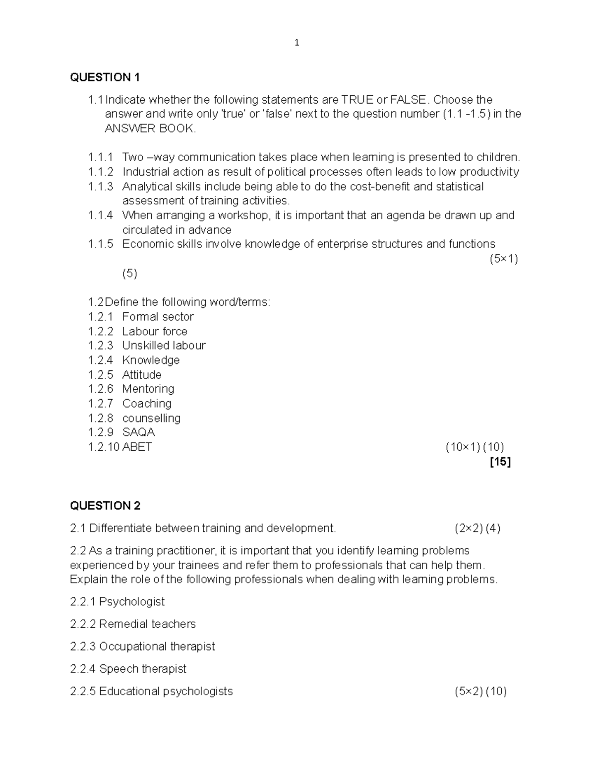 Personnel Training N5 T1 - 1 QUESTION 1 1 Indicate whether the ...