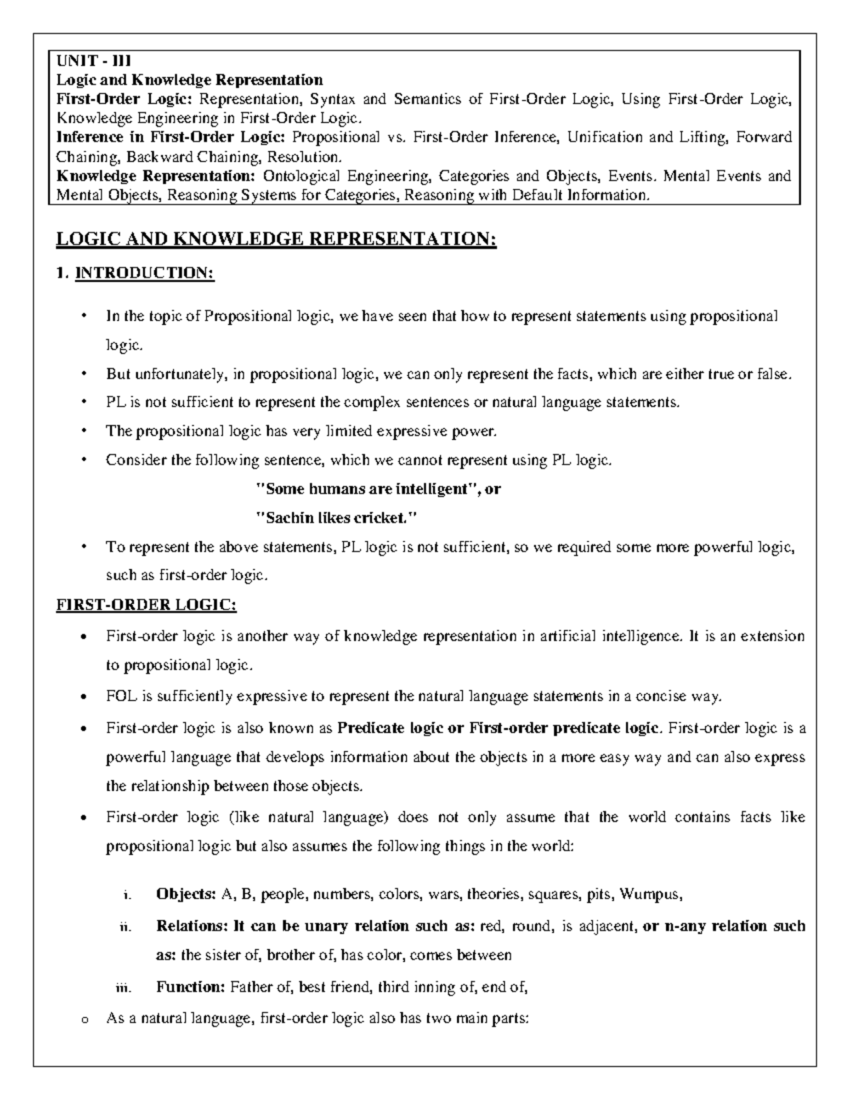 Unit Iii Full Notes Artificial Intelligence Unit Iii Logic And