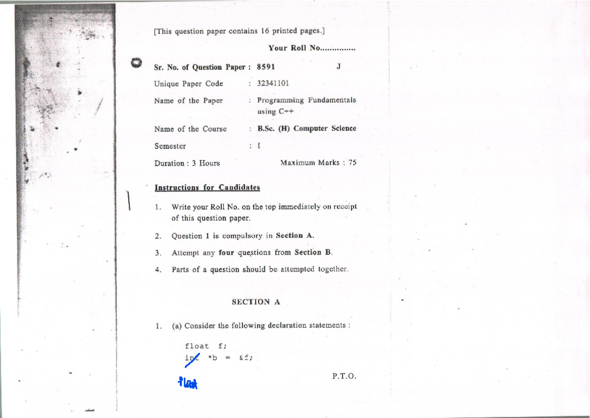2019 C++ - question paper contains 16 printed Your Roll No Sr. No. of ...