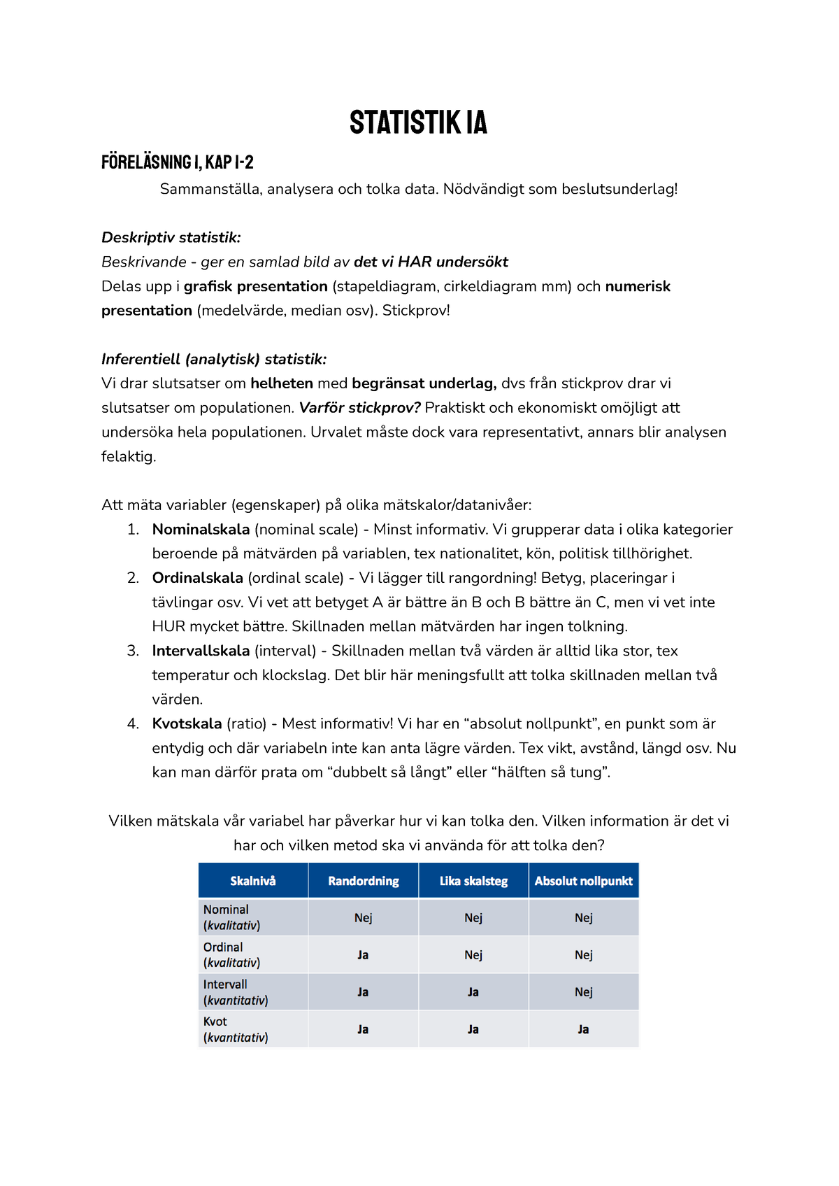 Statistik 1A - Anteckningar Från Lektioner Och Bok - Statistik 1A ...