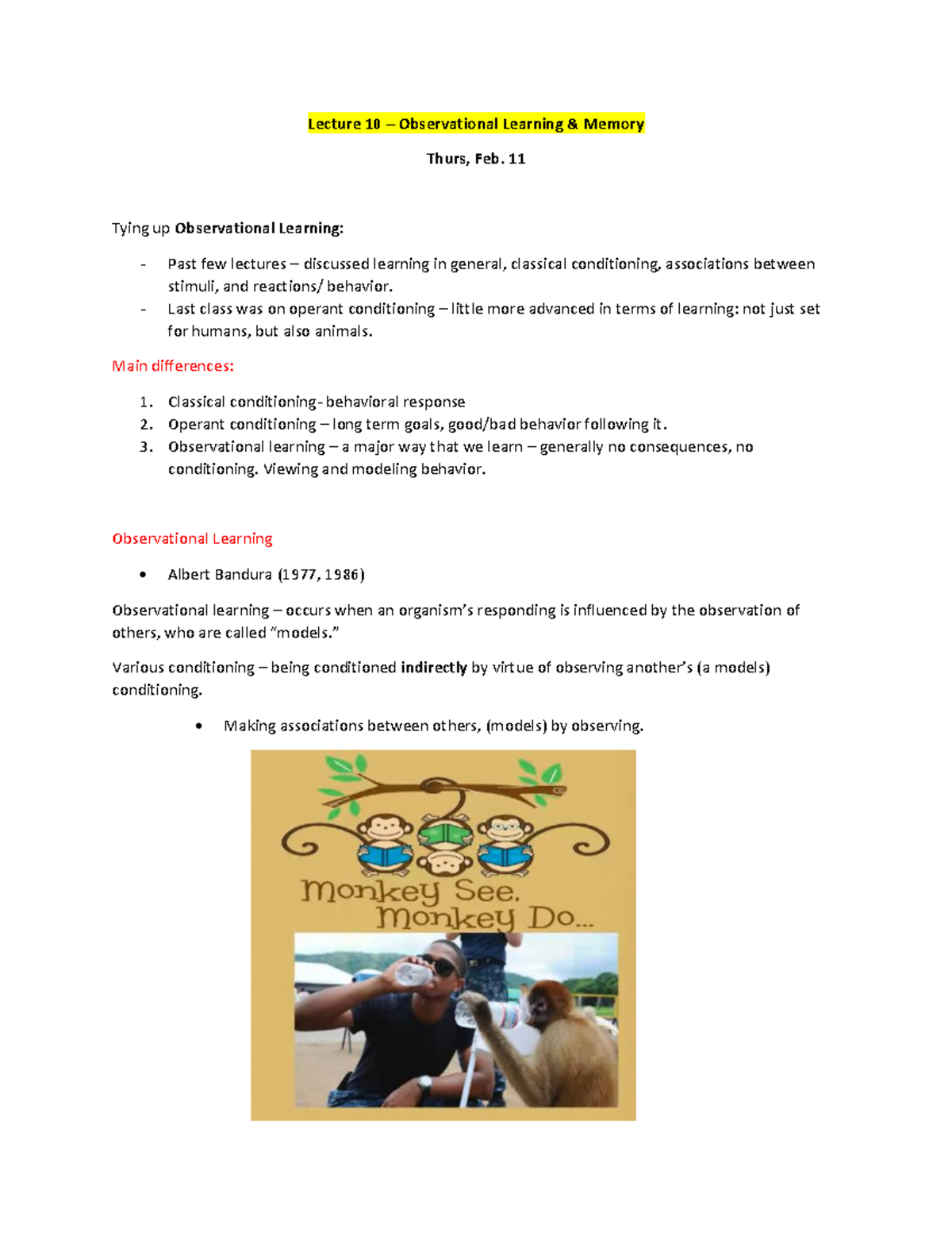 Intro Psych - Lecture 10 - Lecture 10 – Observational Learning & Memory ...