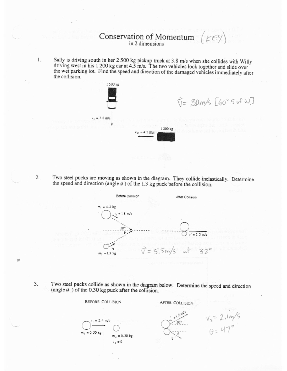 4 cons of momentum in 2d wksht - Conservation of Momentum (KEY) in 2 ...