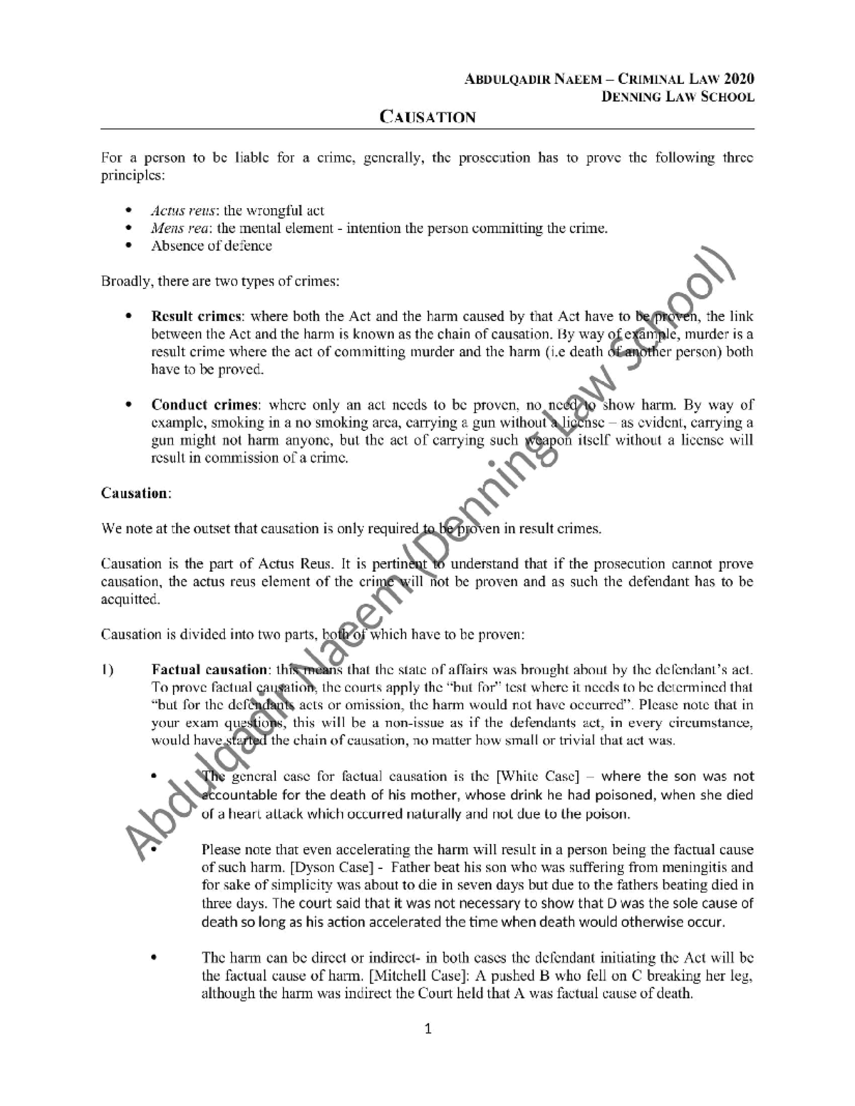 Causation Notes Tuition - Criminal - Studocu