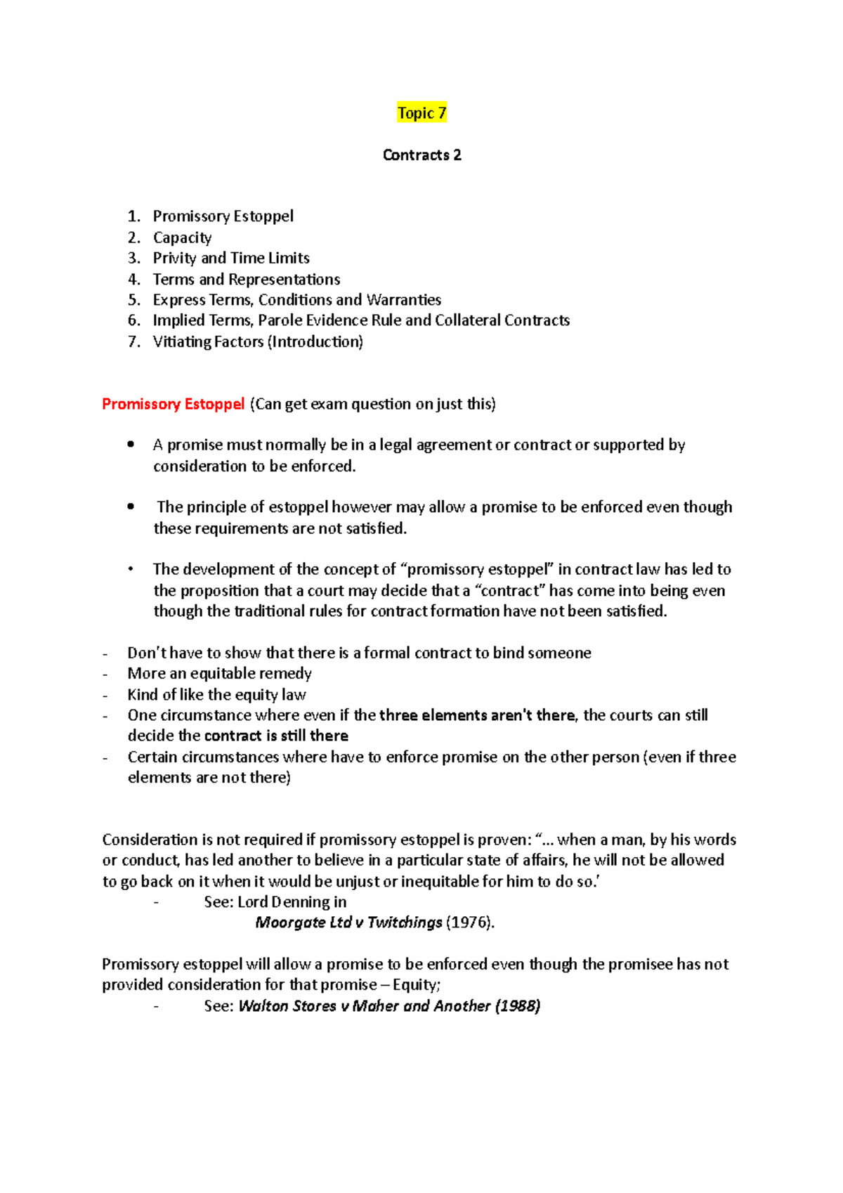 Topic 7 Topic 7 Contracts 2 1 2 3 4 5 6 7 Promissory Estoppel Capacity Privity And Time Studocu