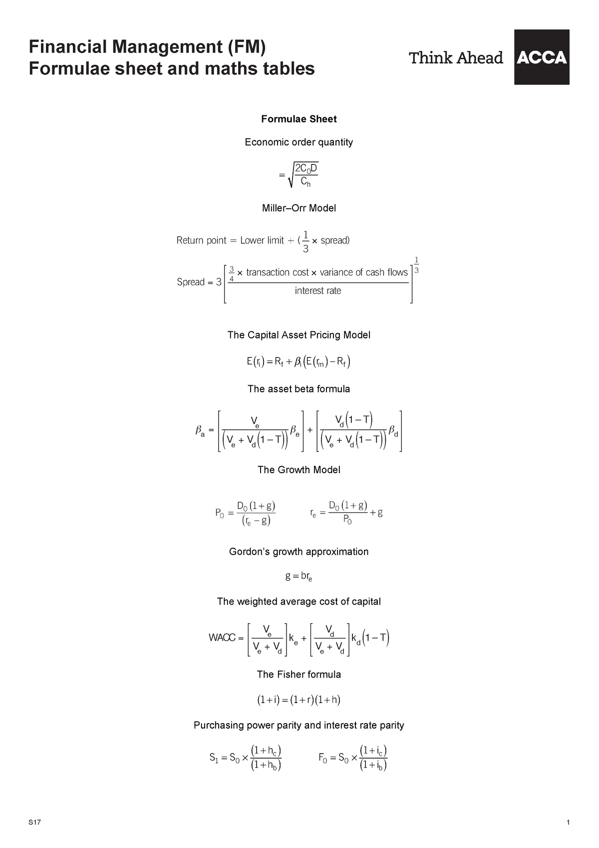 FM S17 Formulae And Tables - S17 1 Financial Management (FM) Formulae ...