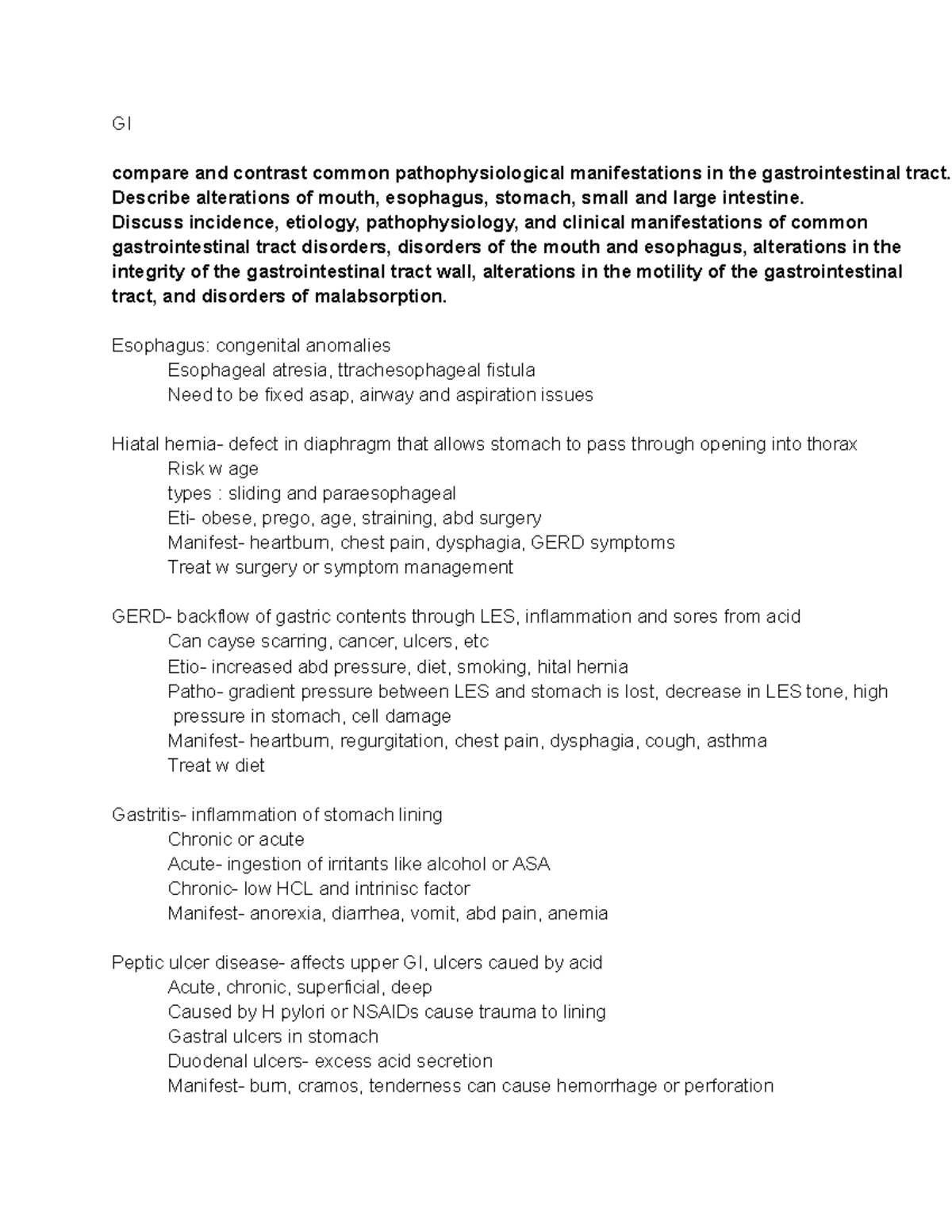 Patho 4 - Dr. Bultas- notes for exam 4 - GI compare and contrast common ...