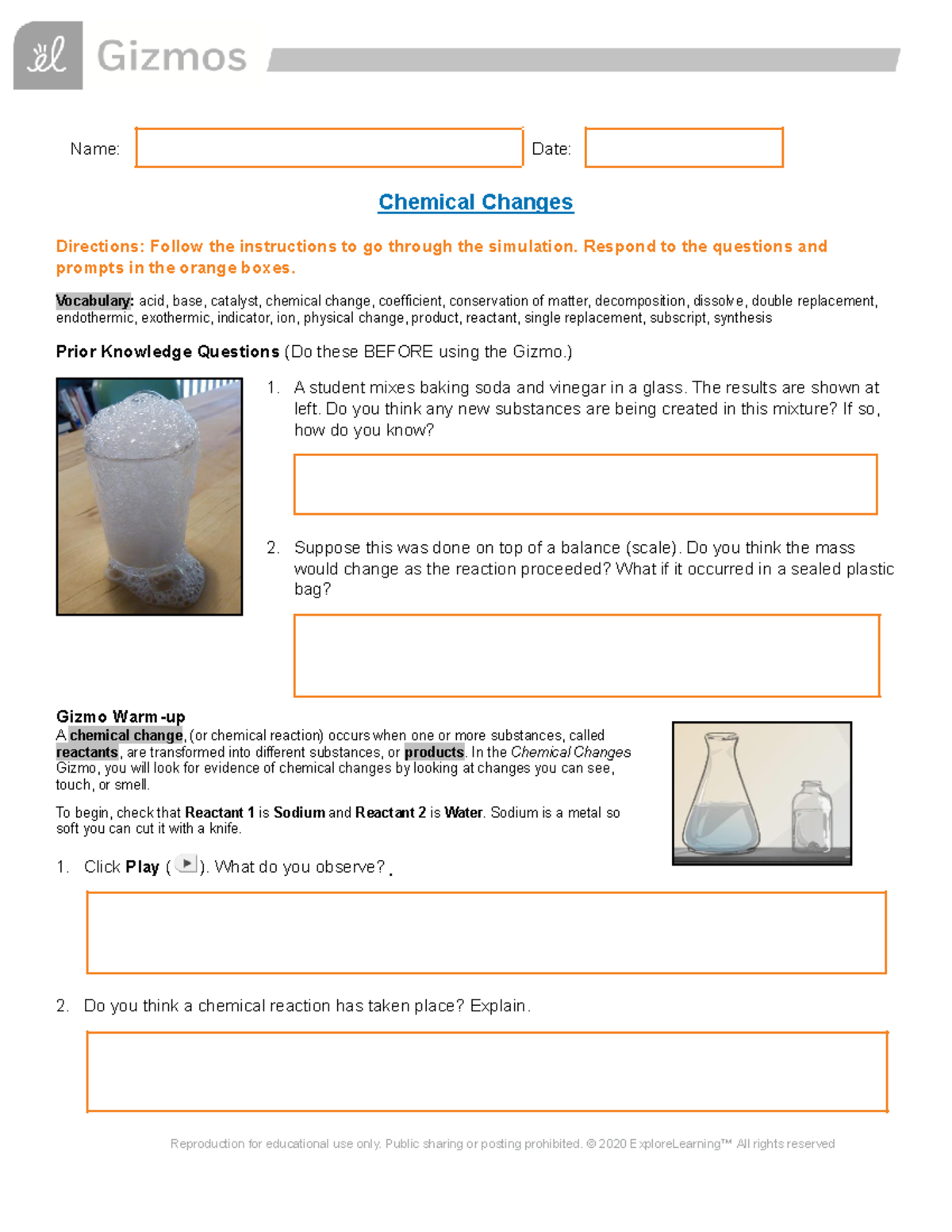 Shortened Gizmos Chemical Changes - Name: Date: Chemical Changes ...