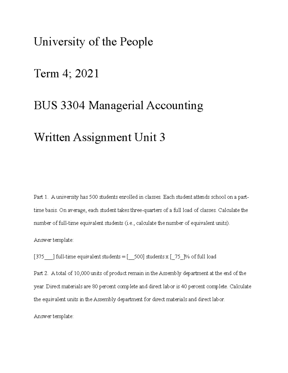 BUS 3304 Written Assignment Unit 3 - University Of The People Term 4 ...