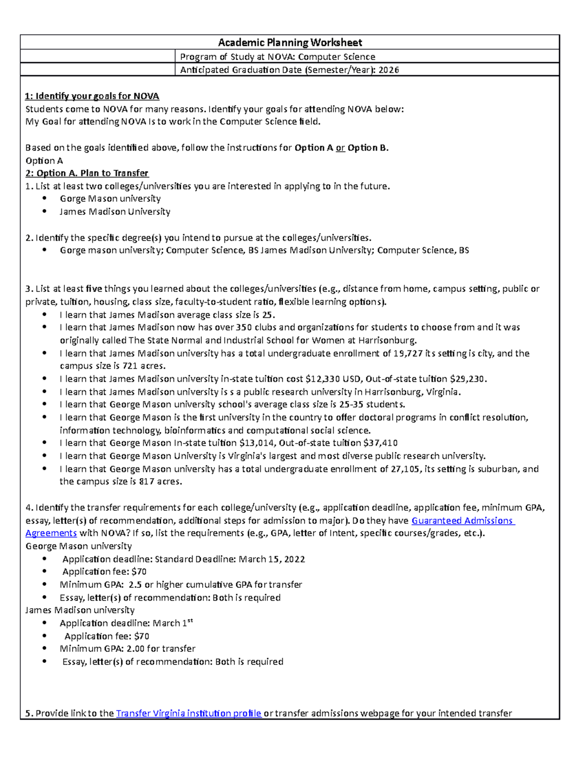 Academic Planning Worksheet - Academic Planning Worksheet Program of ...
