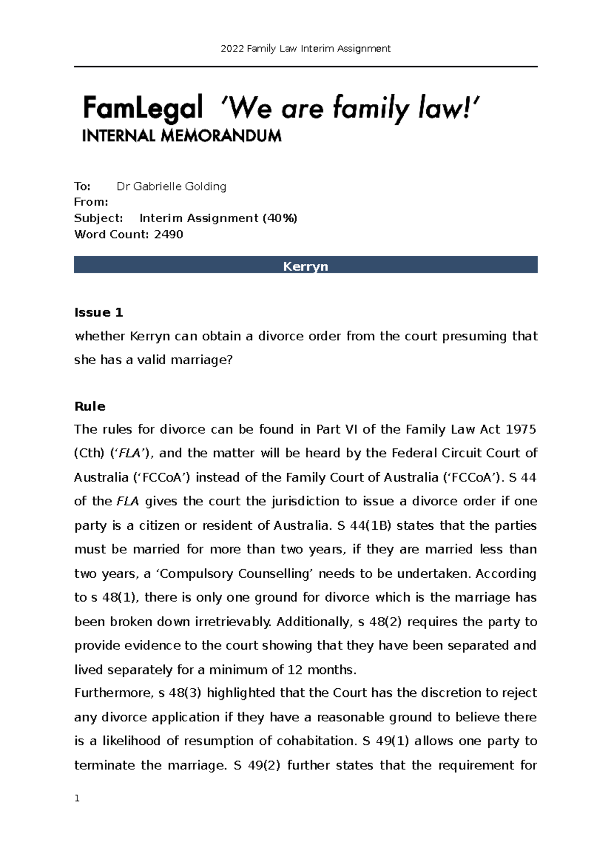2022 Family Law Interim Assignment - To: Dr Gabrielle Golding From ...