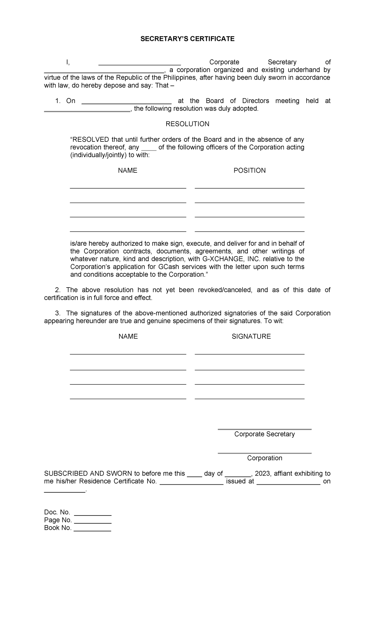 Secretary Certificate Template - SECRETARY’S CERTIFICATE I ...