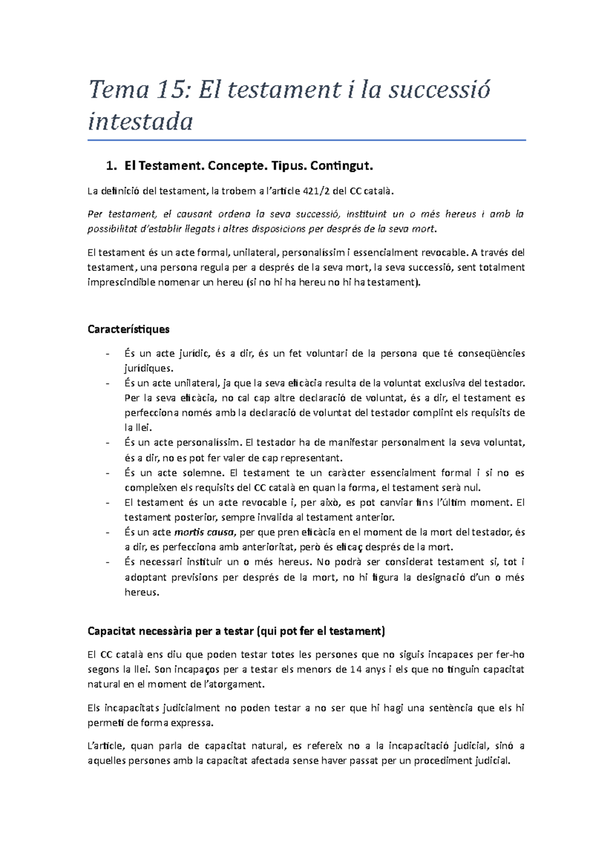 Tema 15 - Apuntes tema 15 - Tema 15: El testament i la successió ...