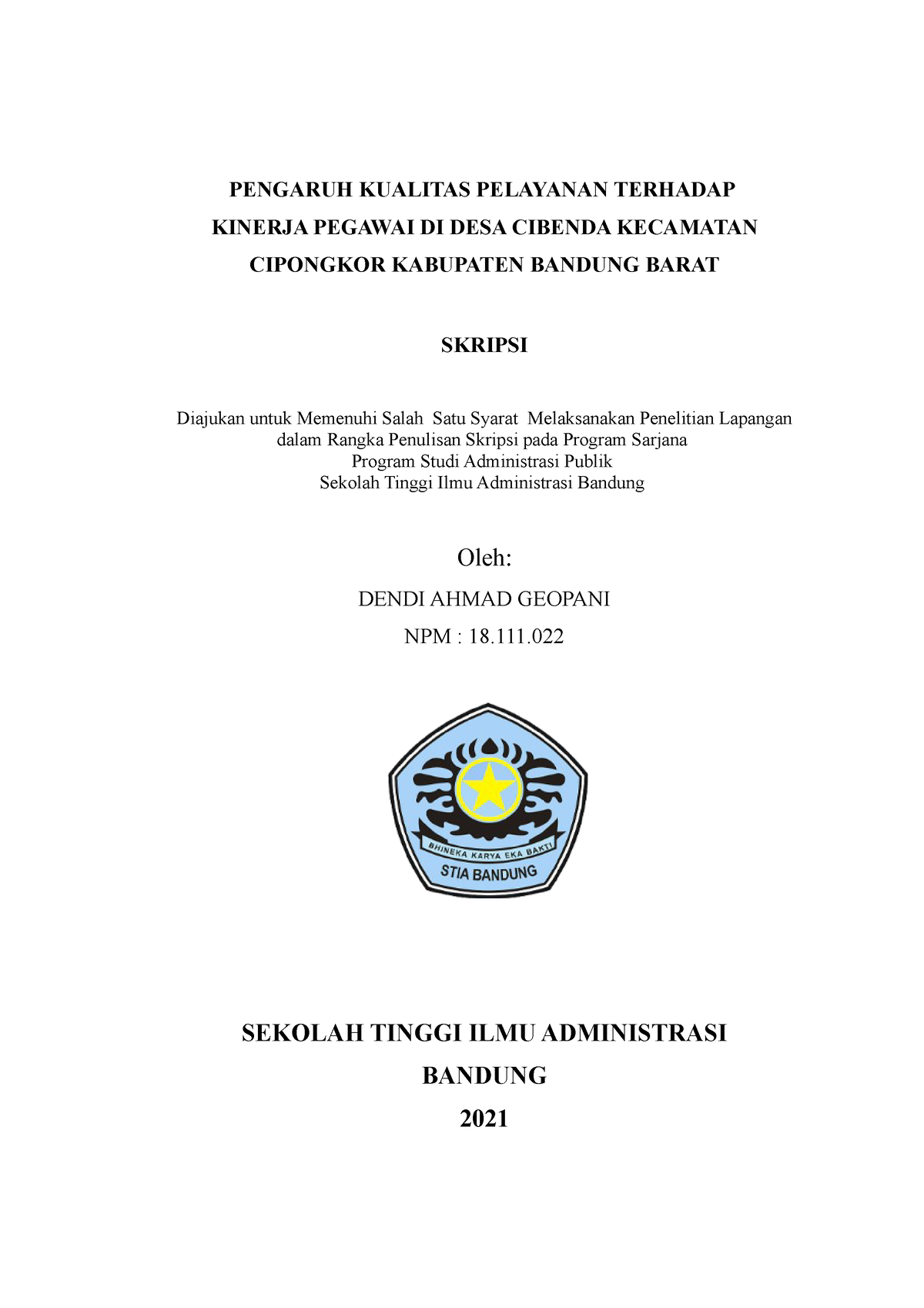 1. Cover SKRIPSI AKHIR - PENGARUH KUALITAS PELAYANAN TERHADAP KINERJA ...