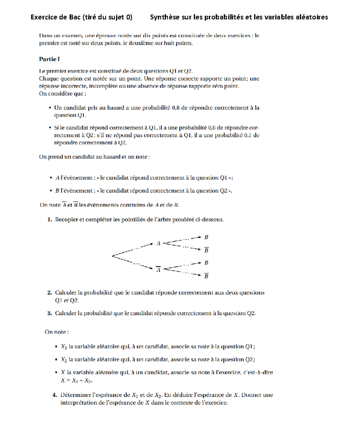 Exo Bac-Proba et VA Sujet 0 - Exercice de Bac (tiré du sujet 0 ...