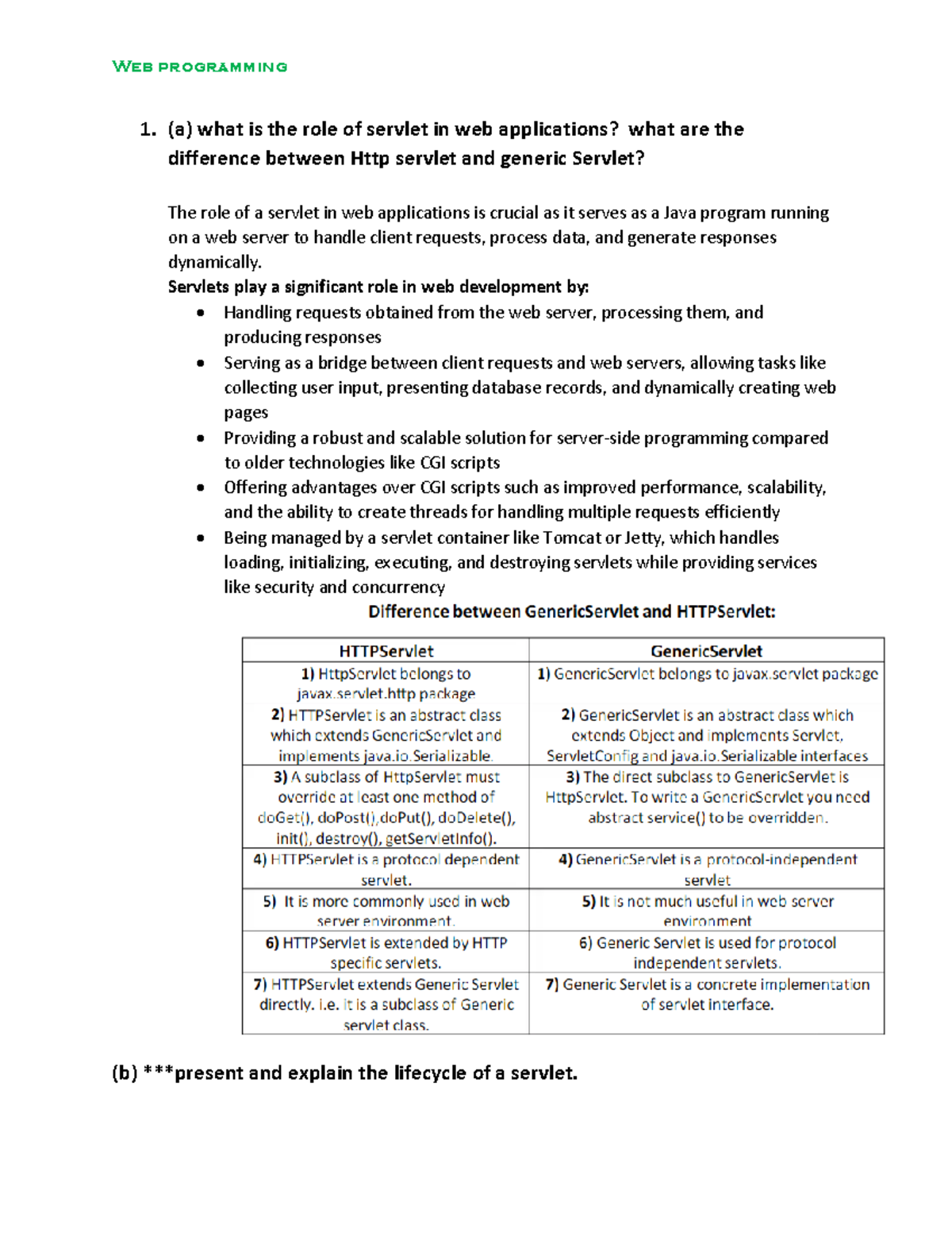 Wp notes 1 - 1. (a) what is the role of servlet in web applications ...