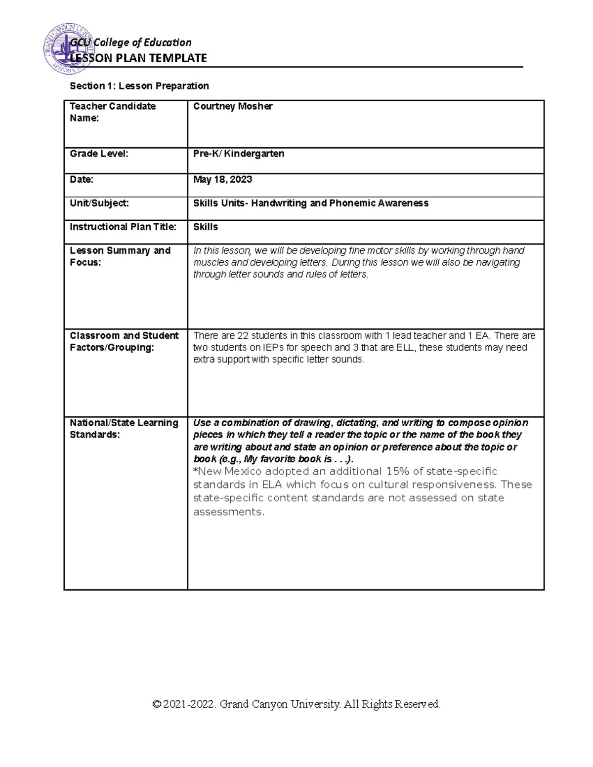 Coe Lesson Plan Template - LESSON PLAN TEMPLATE Section 1: Lesson ...