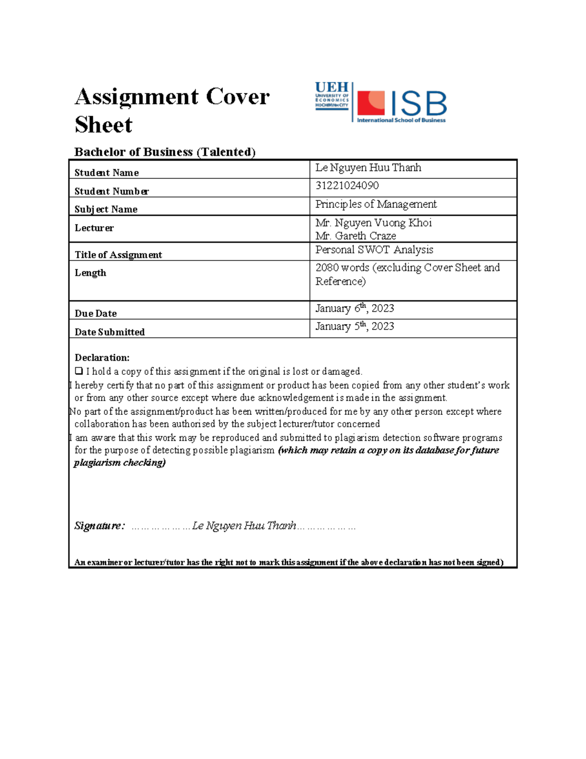 Sample swot - very useful - Assignment Cover Sheet Bachelor of Business ...