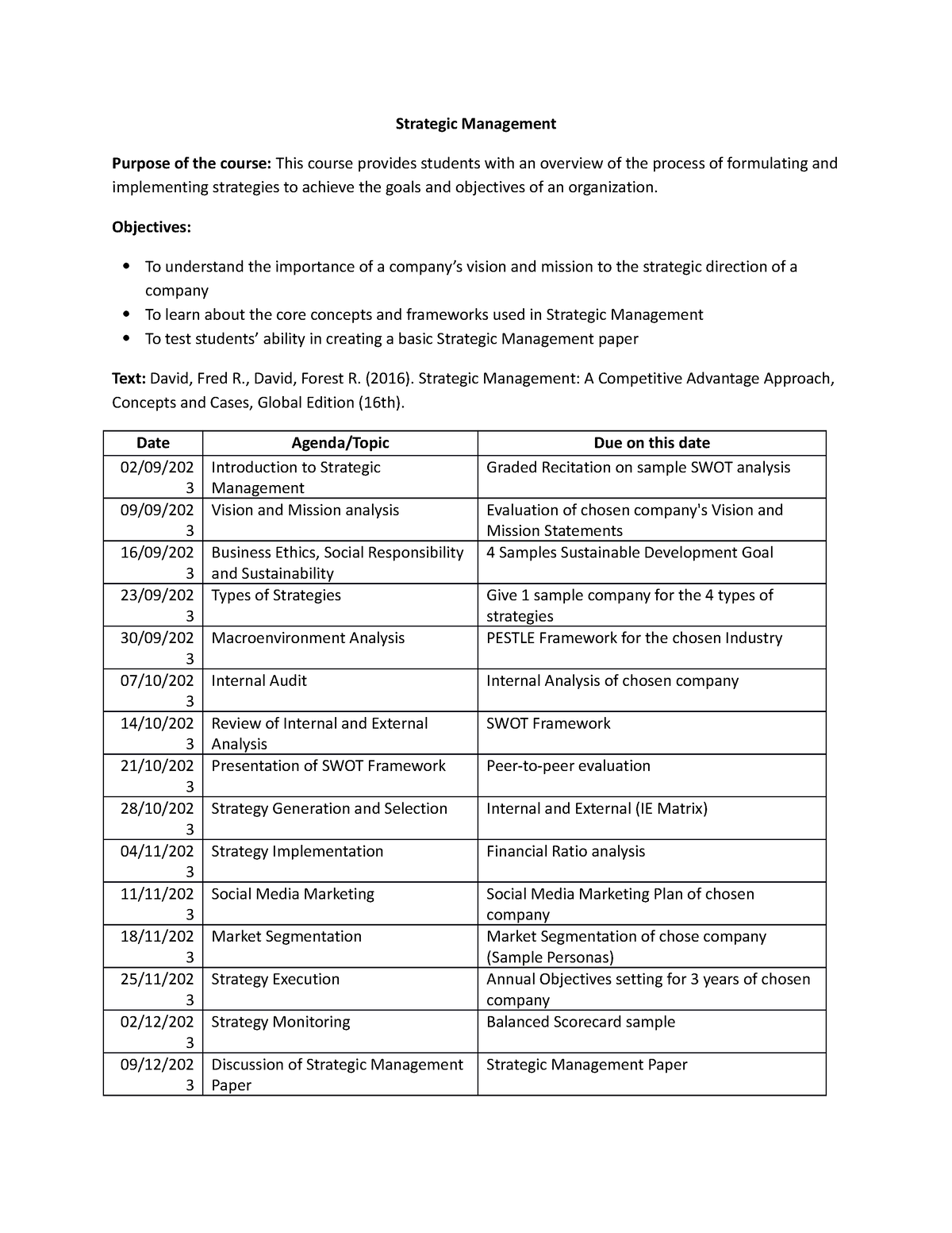 Course Syllabus - Strategic Management - Strategic Management Purpose ...