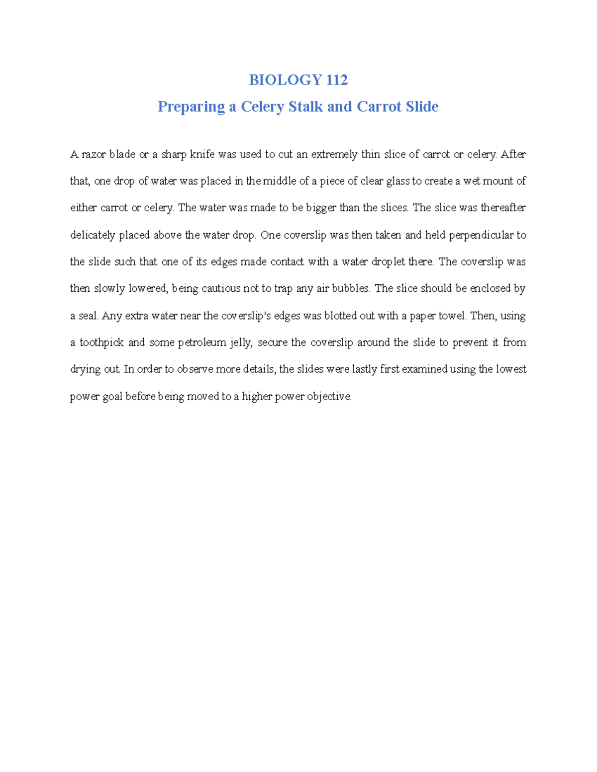 Preparing a Celery Stalk and Carrot Slide (New) BIOLOGY 112 Preparing