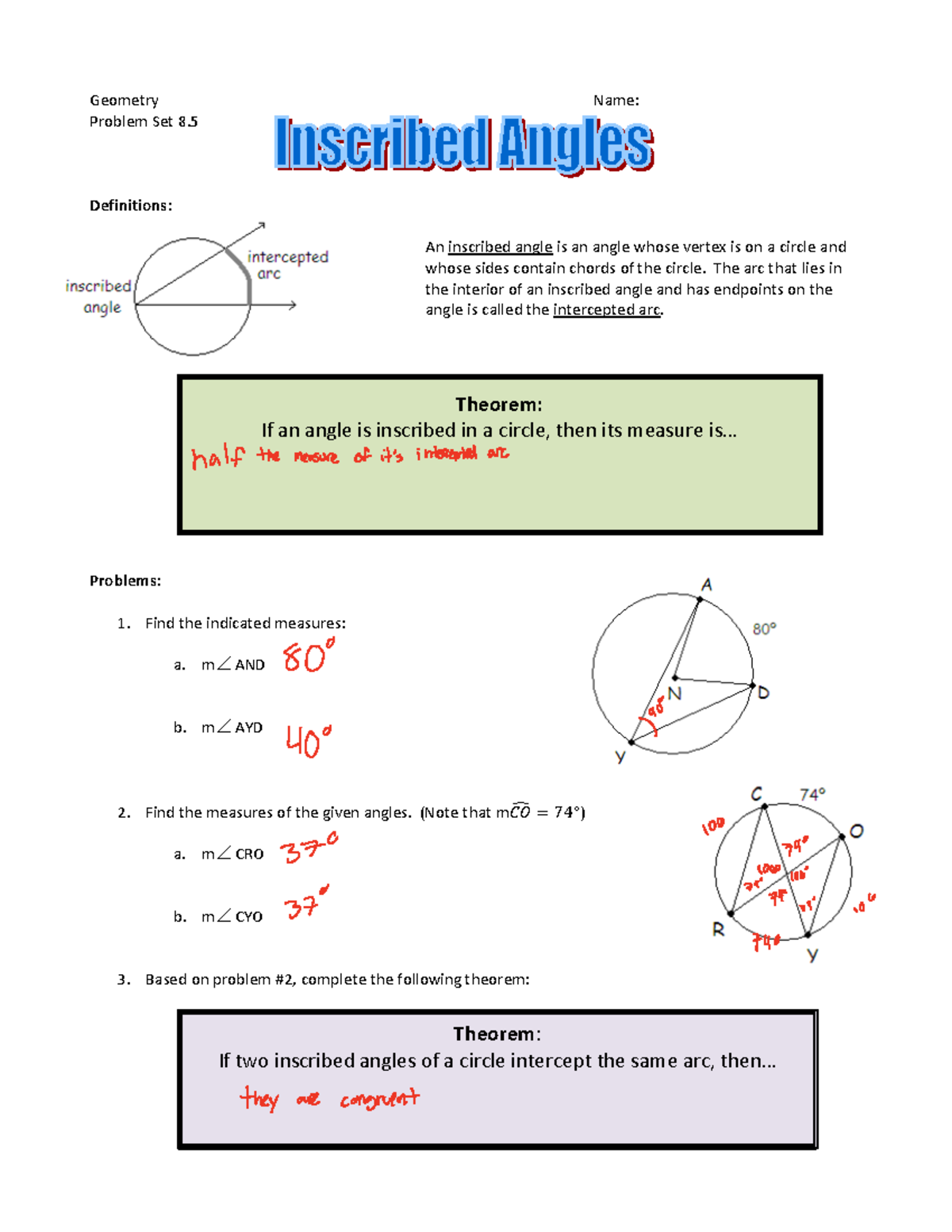 09+-+Problem+Set+8 - Notes - Theorem: If an angle is inscribed in a ...