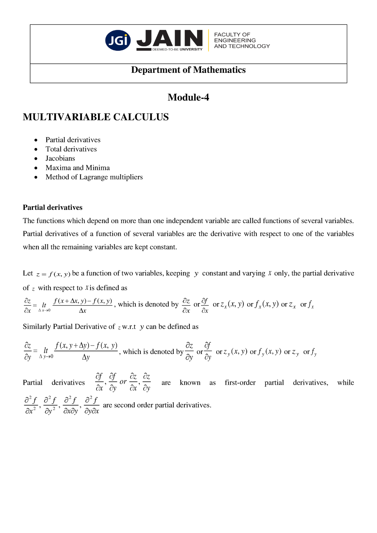 Module-4 Study Material - Module- MULTIVARIABLE CALCULUS Partial ...