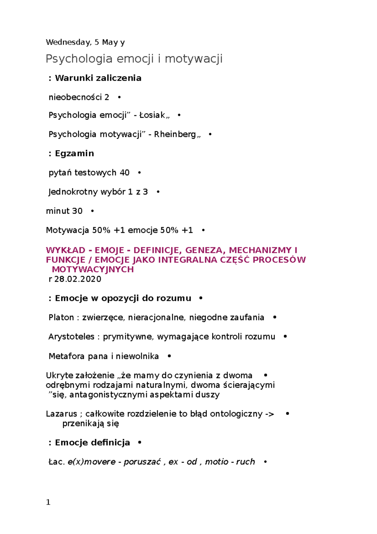 Wykład 1 - Psychologia Emocji I Motywacji - Psychologia Emocji I ...