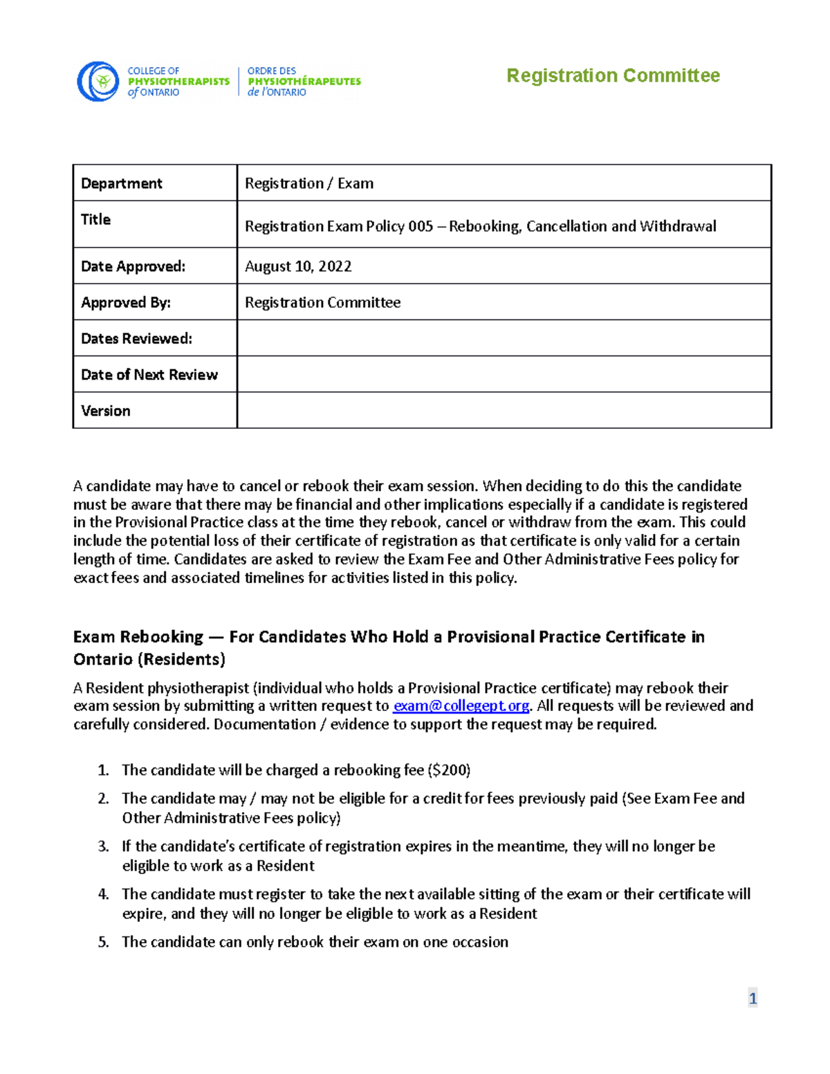 Exam policy rebook cancel withdrawal Department Registration / Exam