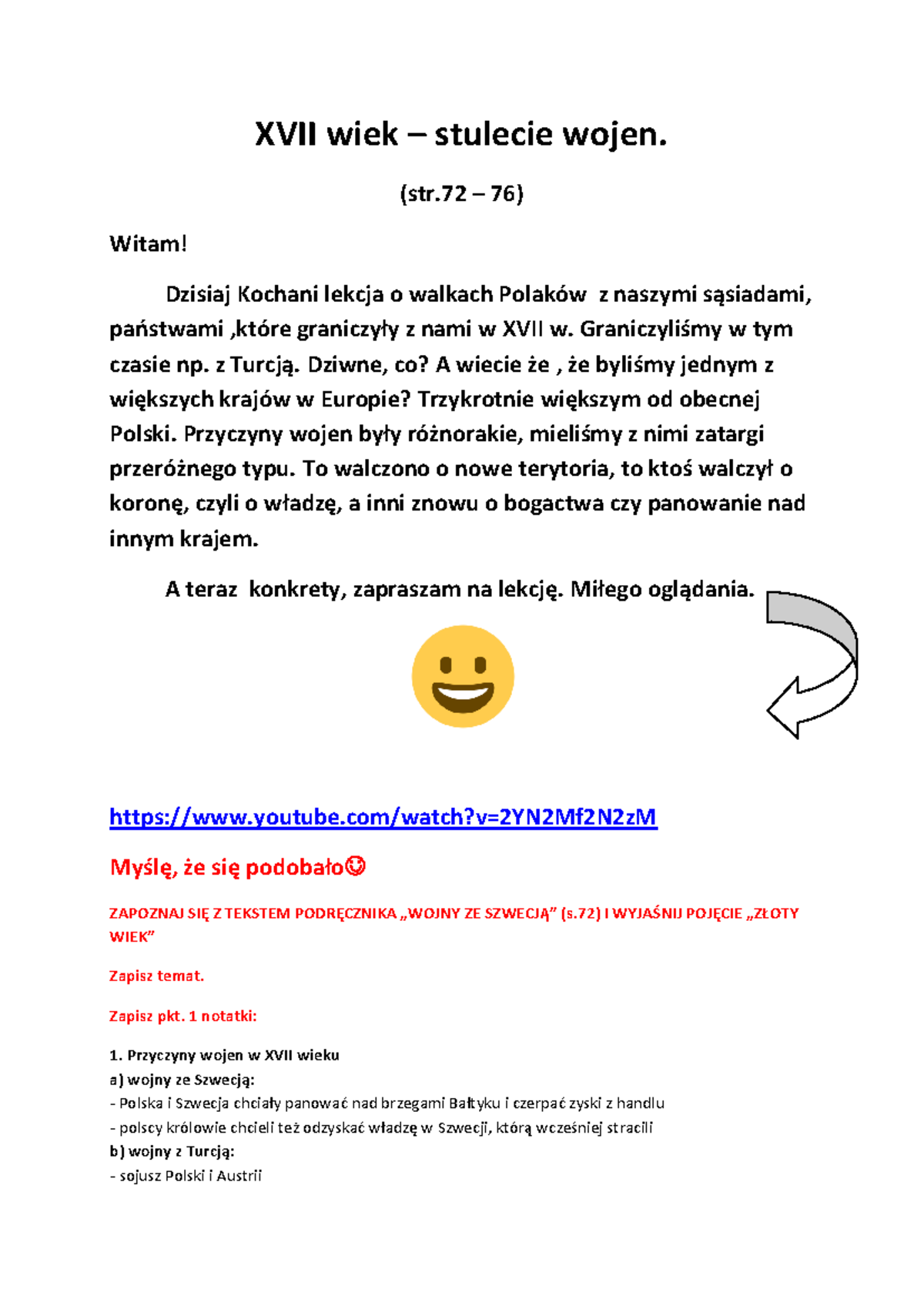 XVII-wiek-klasa 4 - sdf - XVII wiek – stulecie wojen. (str – 76) Witam
