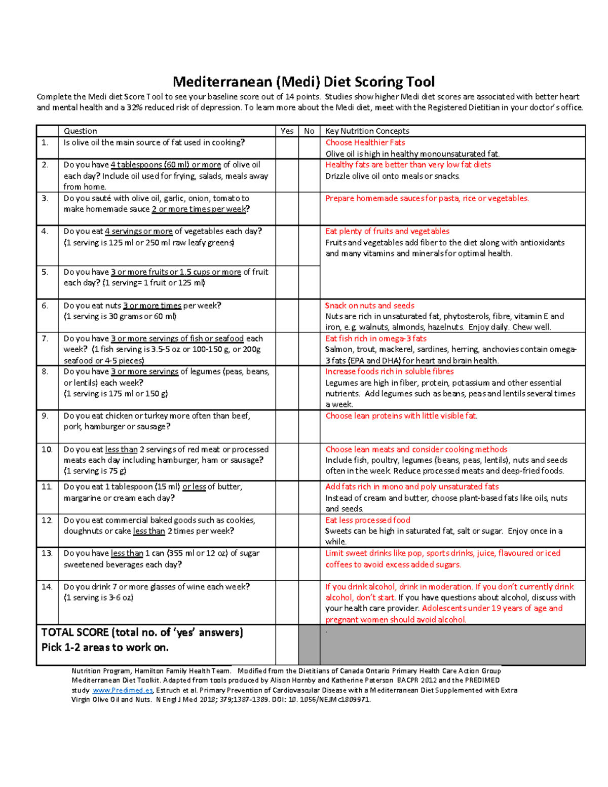 Medi Diet Scoring Tool - Mediterranean (Medi) Diet Scoring Tool ...