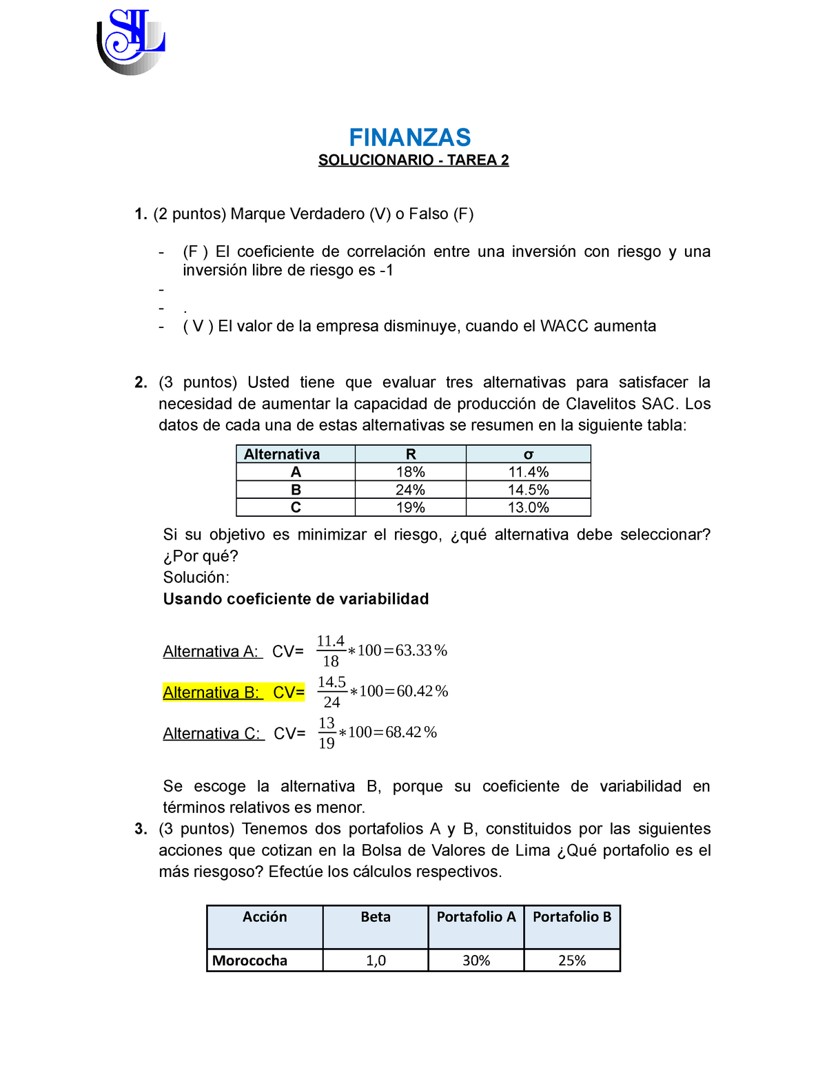 Solucionario Finanzas Tarea 2 2019 Finanzas Solucionario Tarea 2 12 Puntos Marque 2828