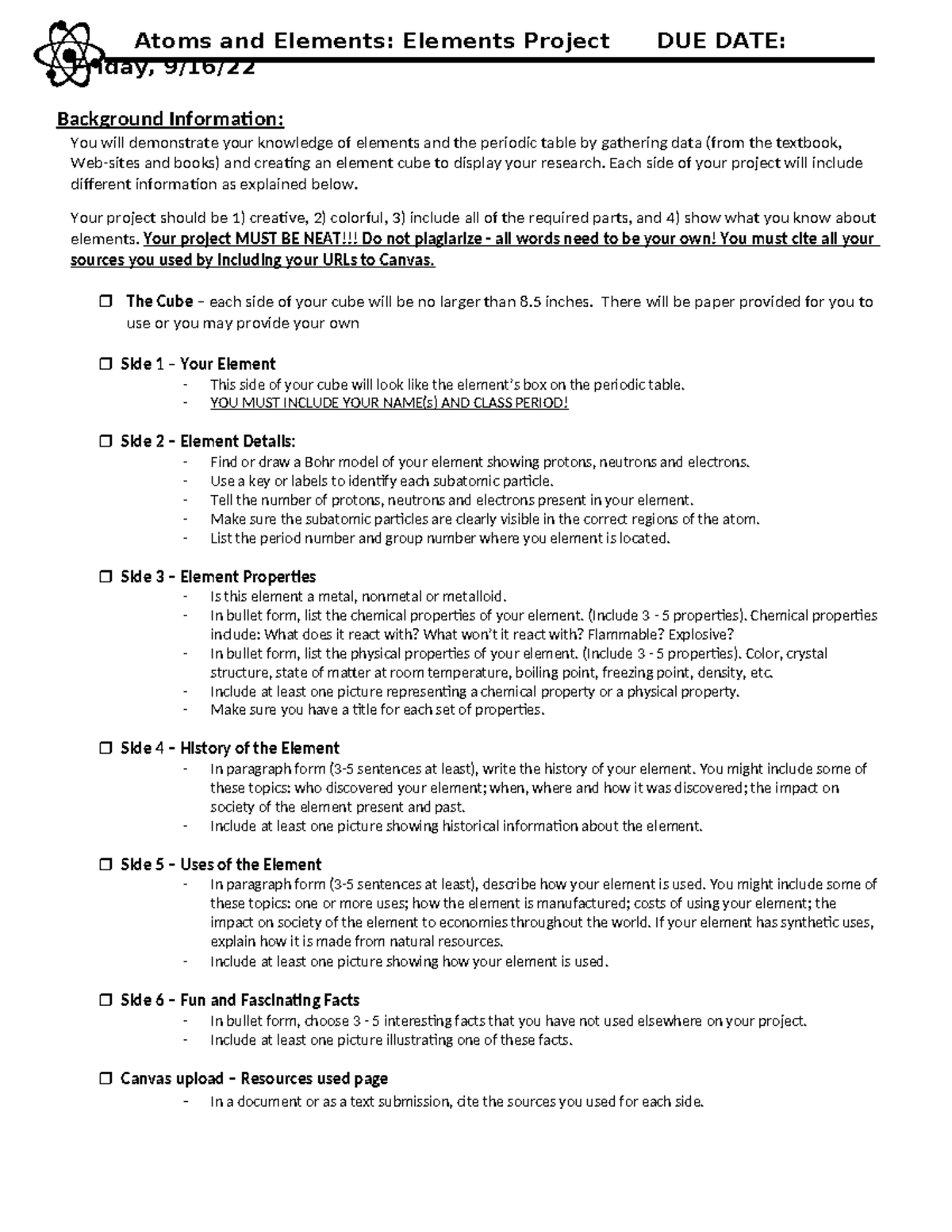 Elements Project Instructions 22-23 - Atoms and Elements: Elements ...