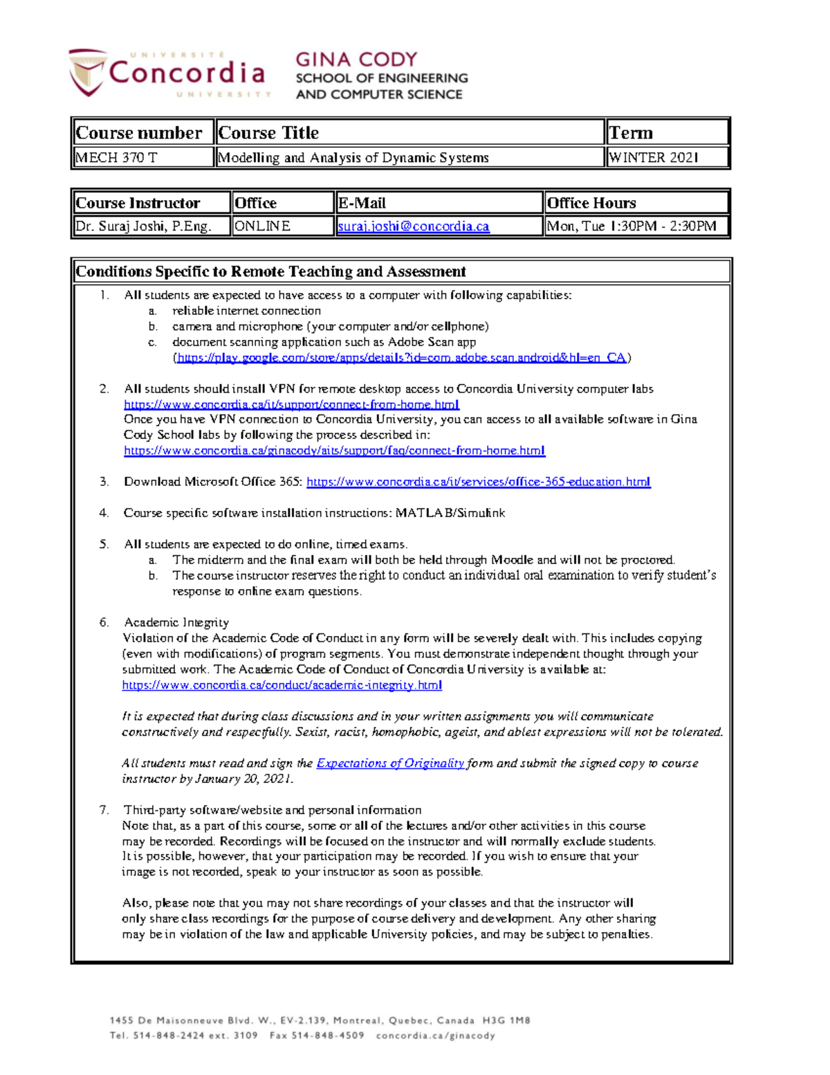 Course Outline MECH 370 Winter 2021 - Course number Course Title Term ...